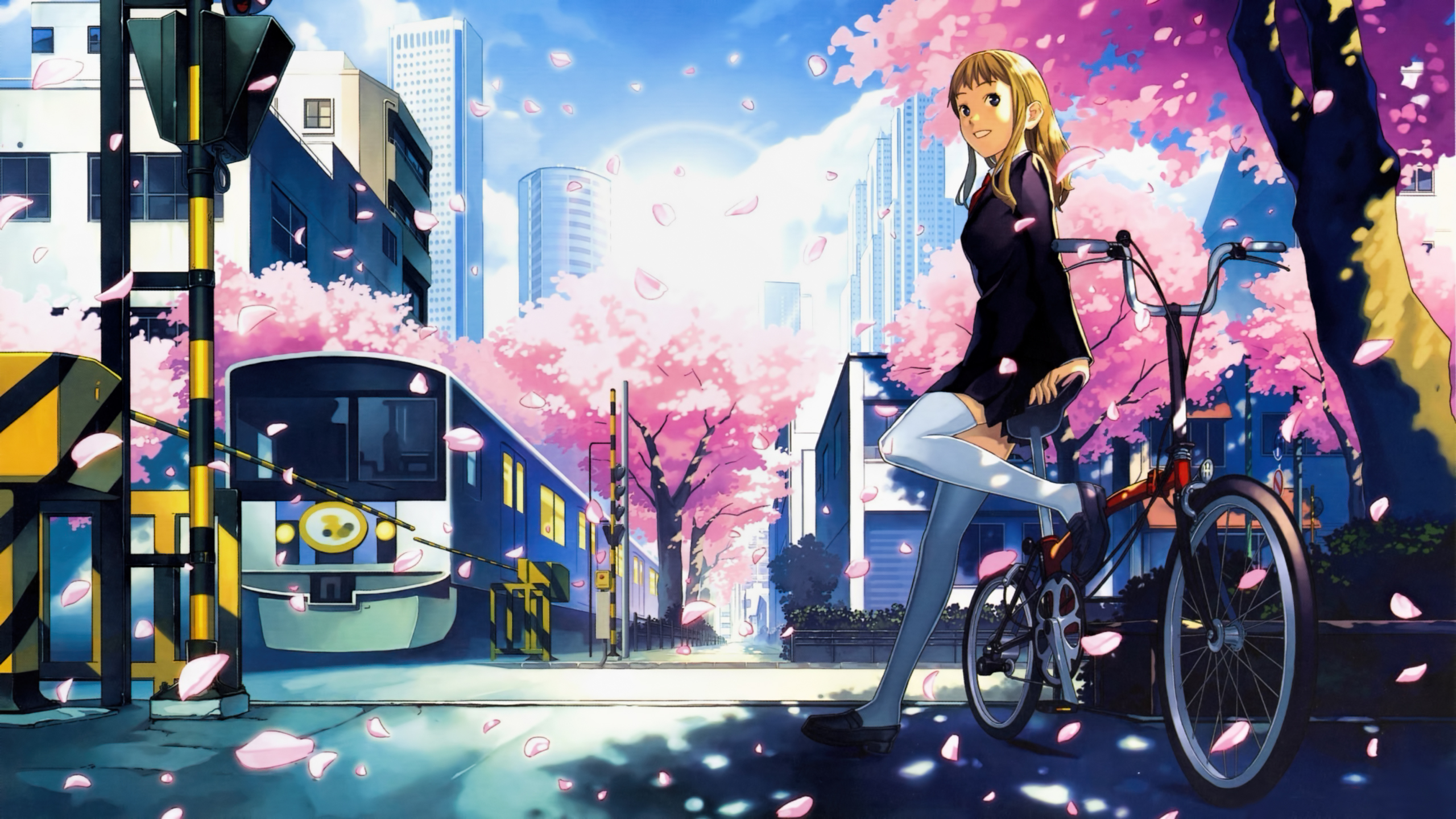 Anime School Girl on the Bike in the City widescreen