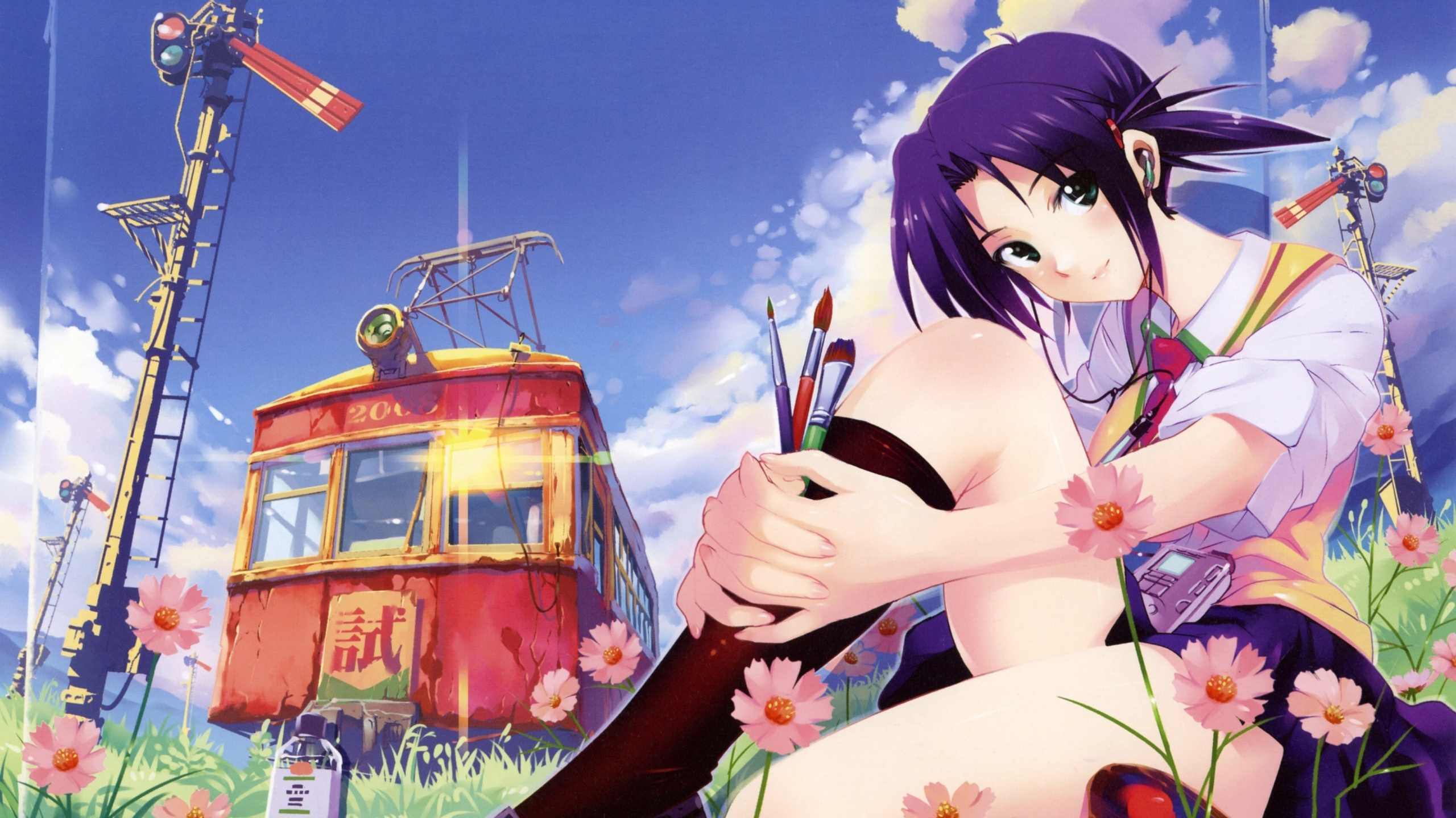 Anime School Girl Sitting on Grass Listening to Music