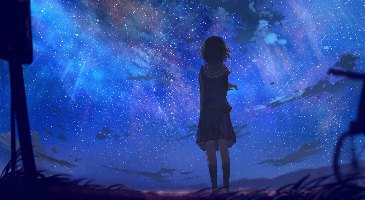 Anime Short Hair In School Uniform Looking Away At Stars