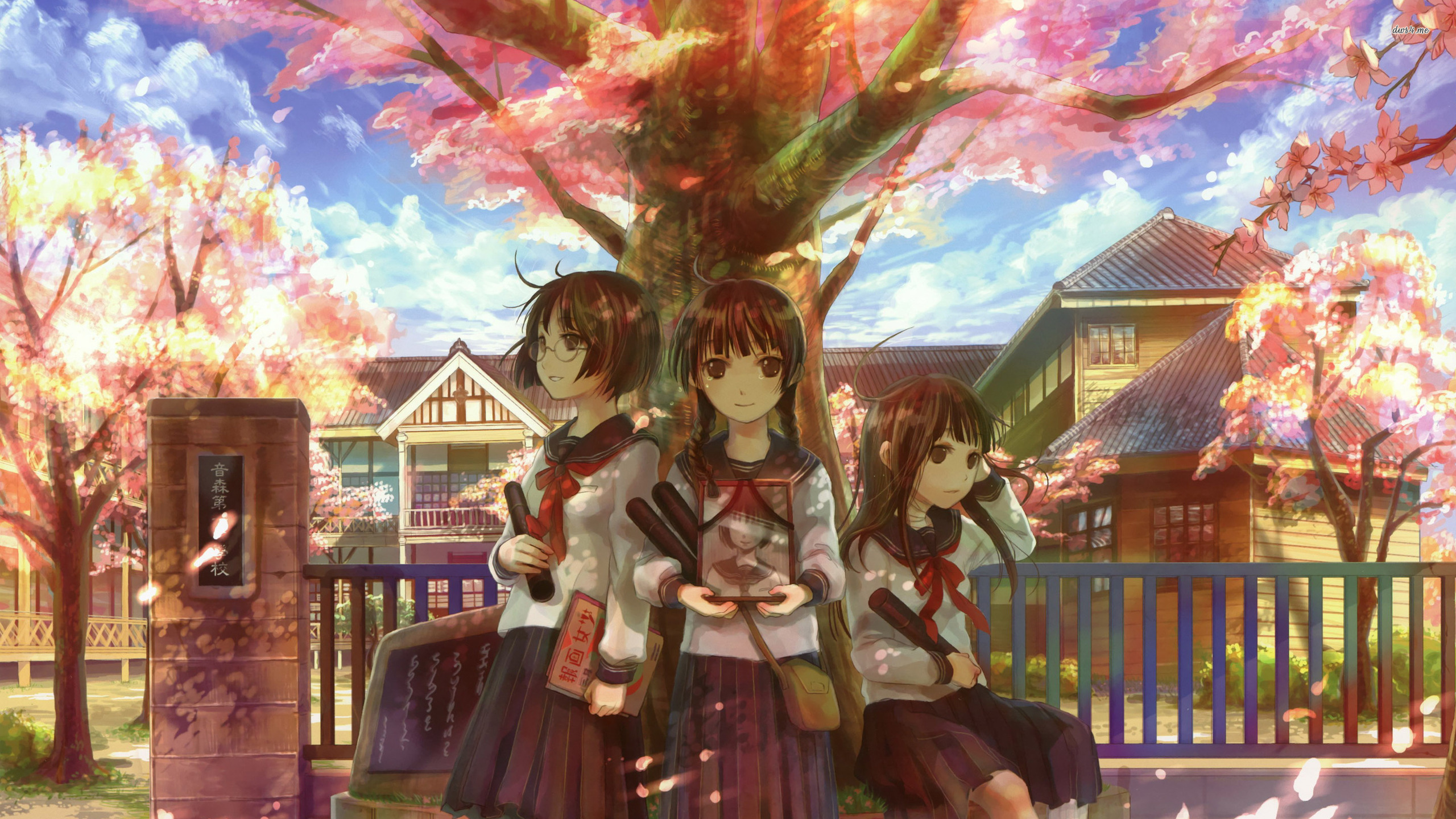 Schoolgirls under the cherry tree wallpaper