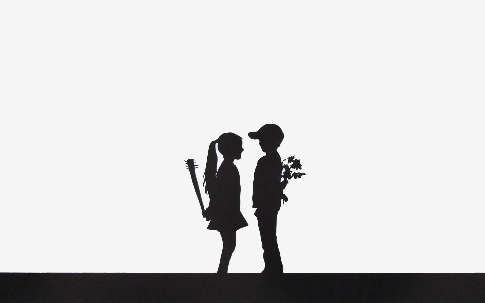 Silhouette of boy and girl holding things illustration HD