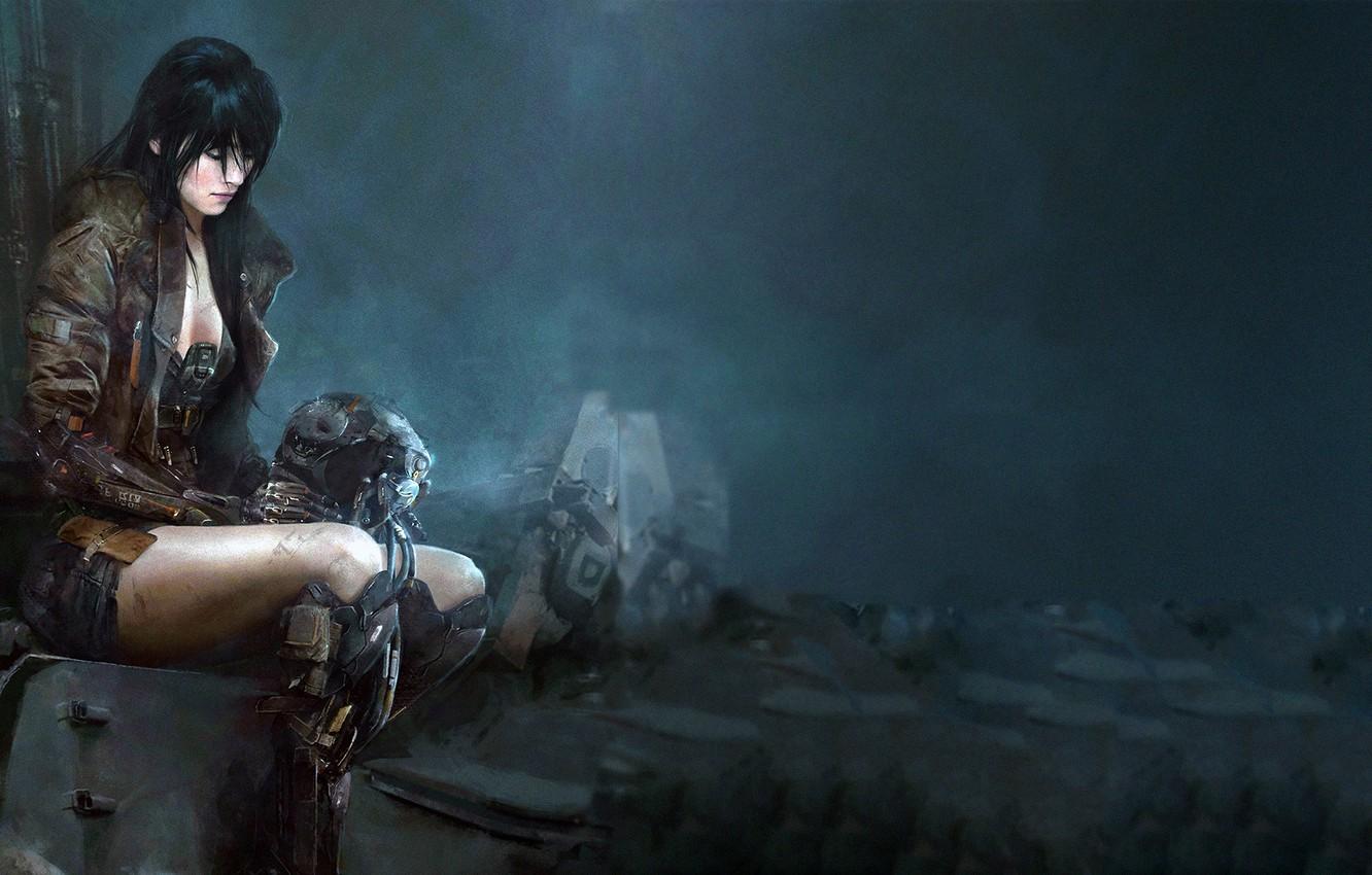 Wallpaper dark, girl, fantasy, robot, shorts, woman, digital