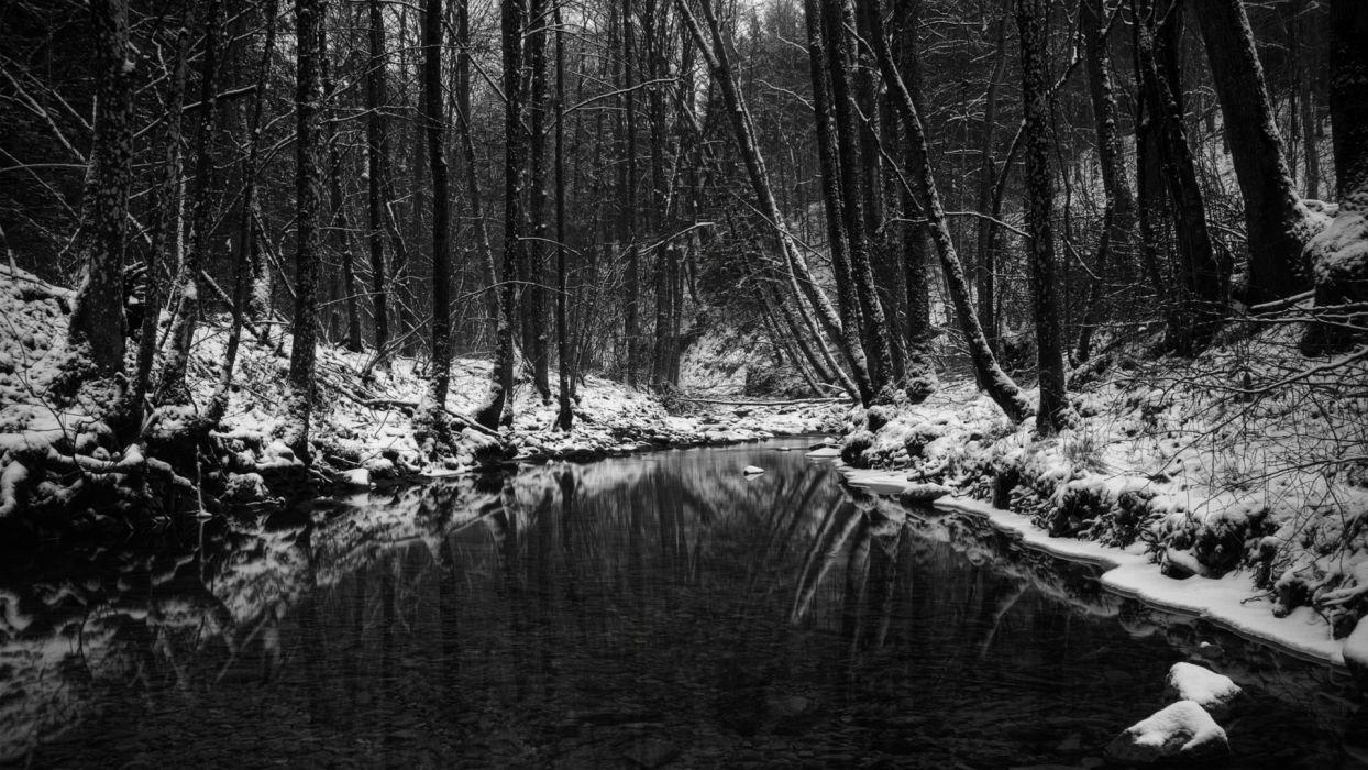 Black white monochrome nature landscapes trees forests rivers streams water reflection dark winter snow seasons wallpaperx1080