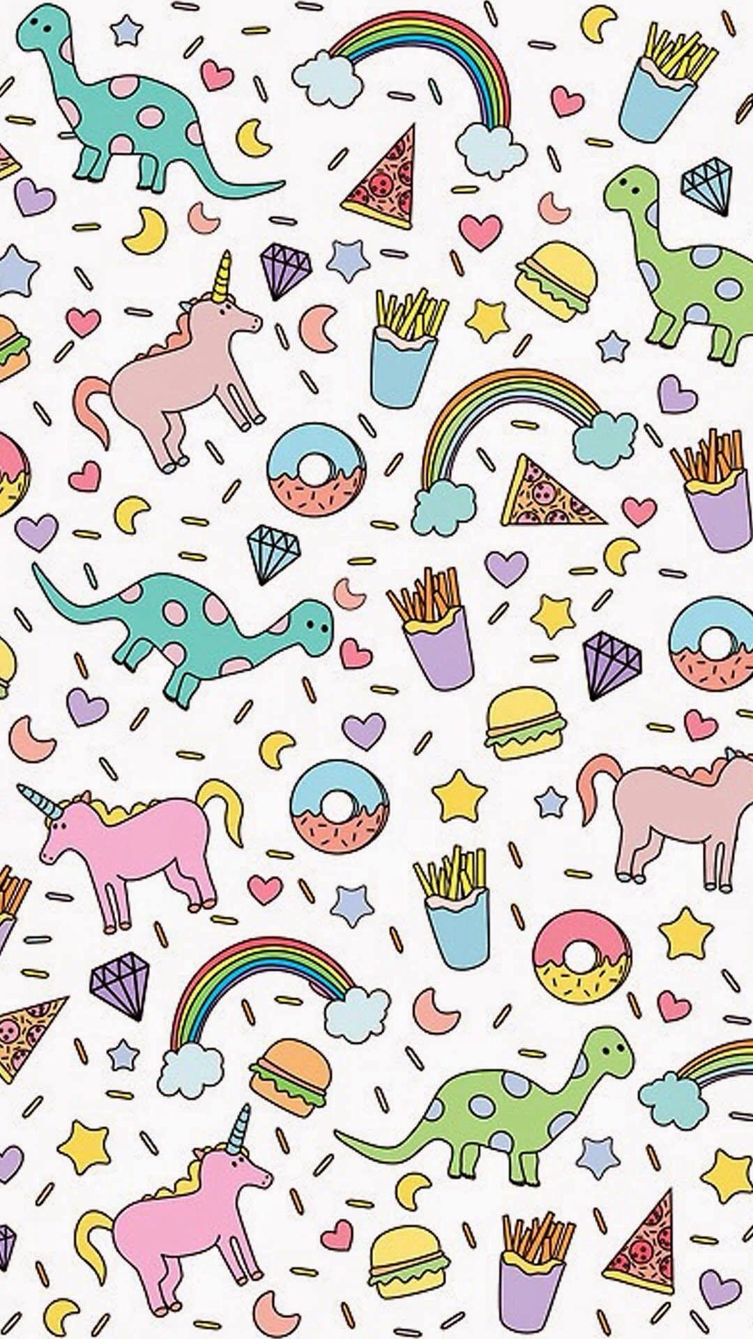 Unicorns, dinosaurs, donuts, burgers, and fries pattern. Cute