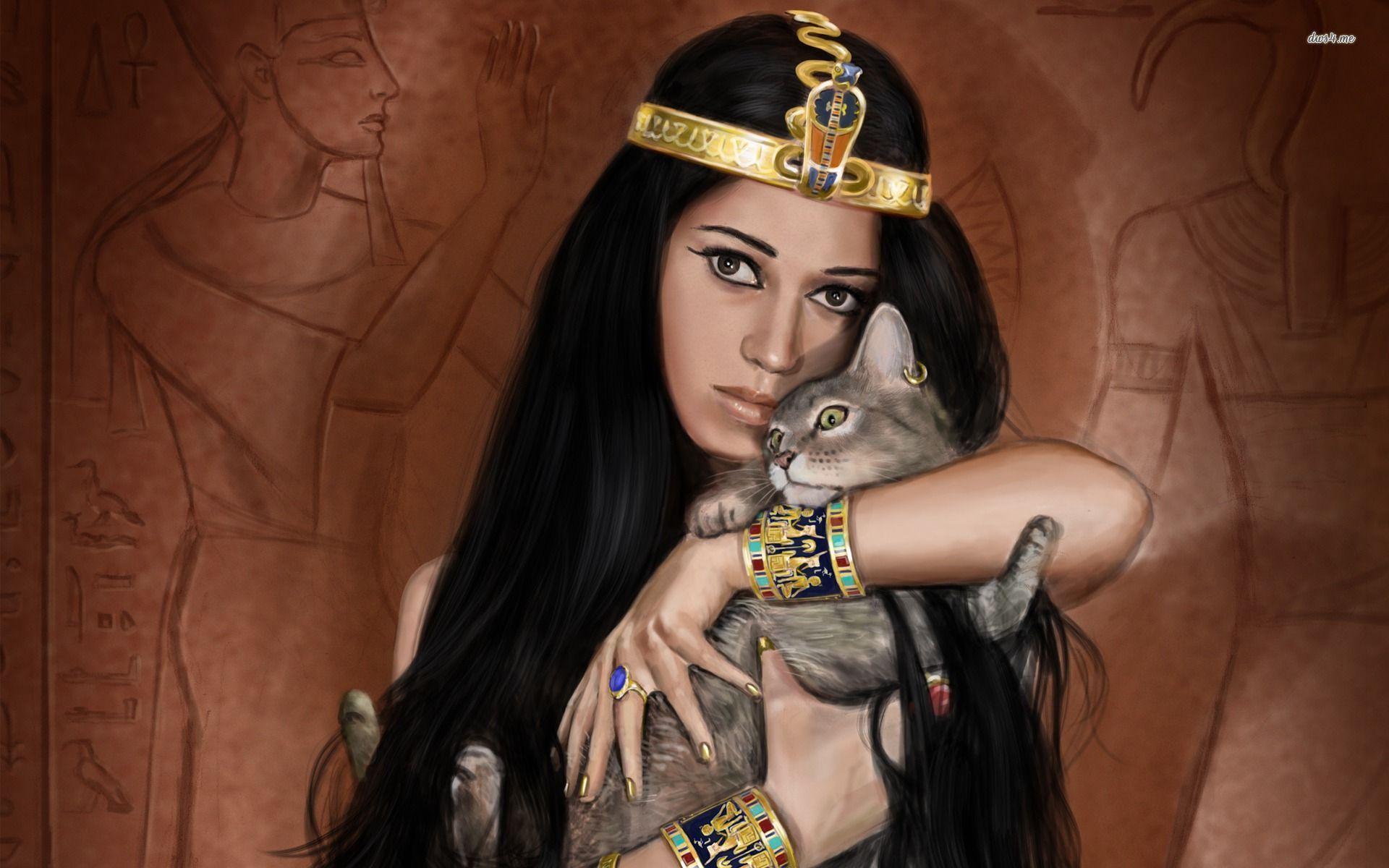 Egyptian girl with her cat wallpaper wallpaper