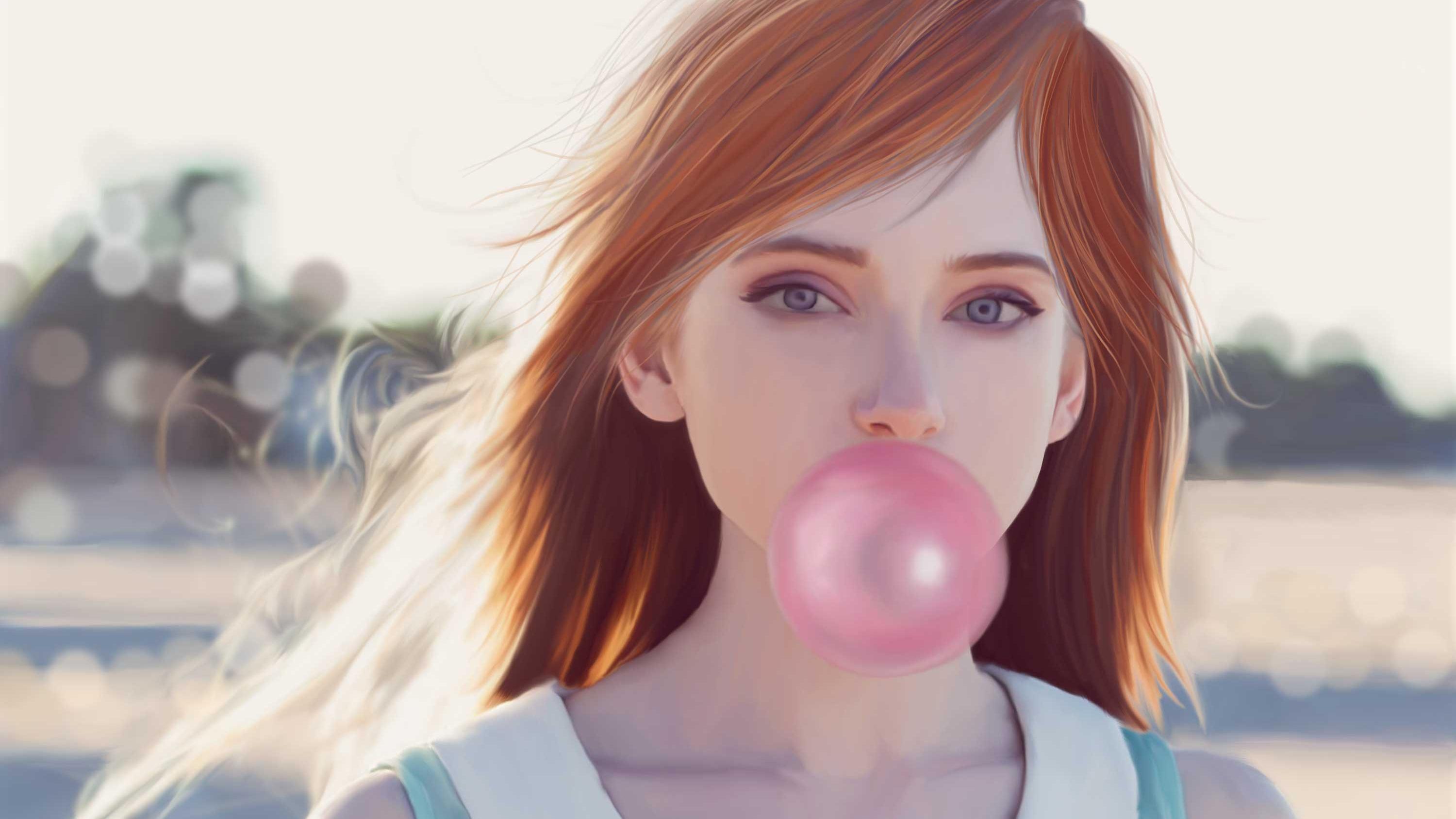 Girl Blowing Bubble Gum, HD Fantasy Girls, 4k Wallpaper