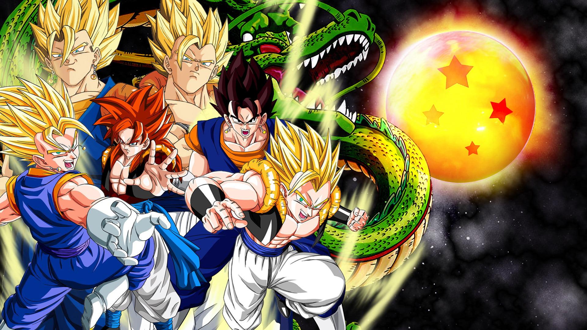 Son Goku super saiyan forms and Shenron illustration HD wallpaper