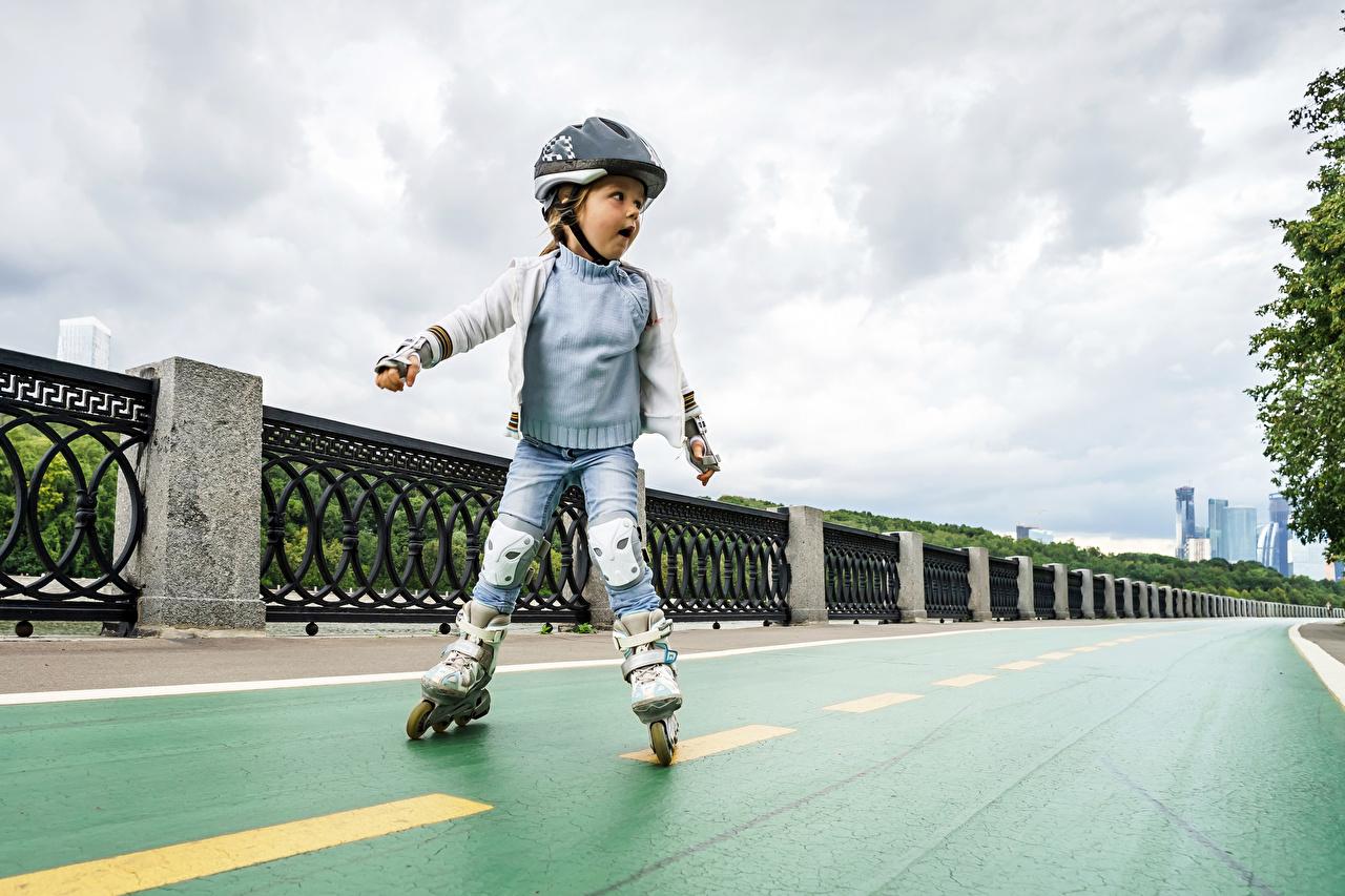 Desktop Wallpaper Little girls Helmet child Roller skates Fence