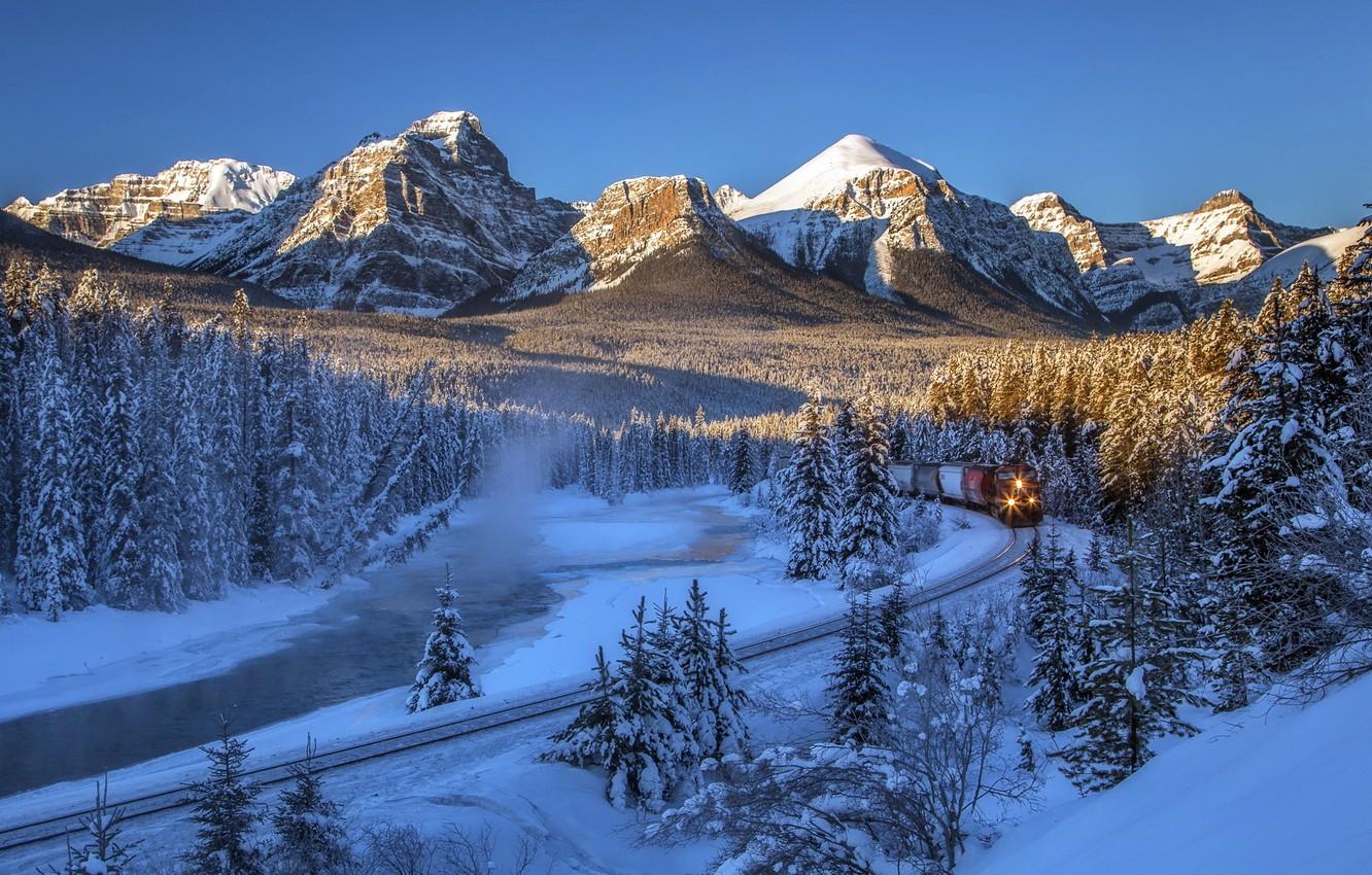 Wallpaper winter, forest, snow, trees, mountains, river, train, Canada, railroad, Albert, Banff National Park, Alberta, Canada, Rocky mountains, Banff national Park, the bow river image for desktop, section пейзажи
