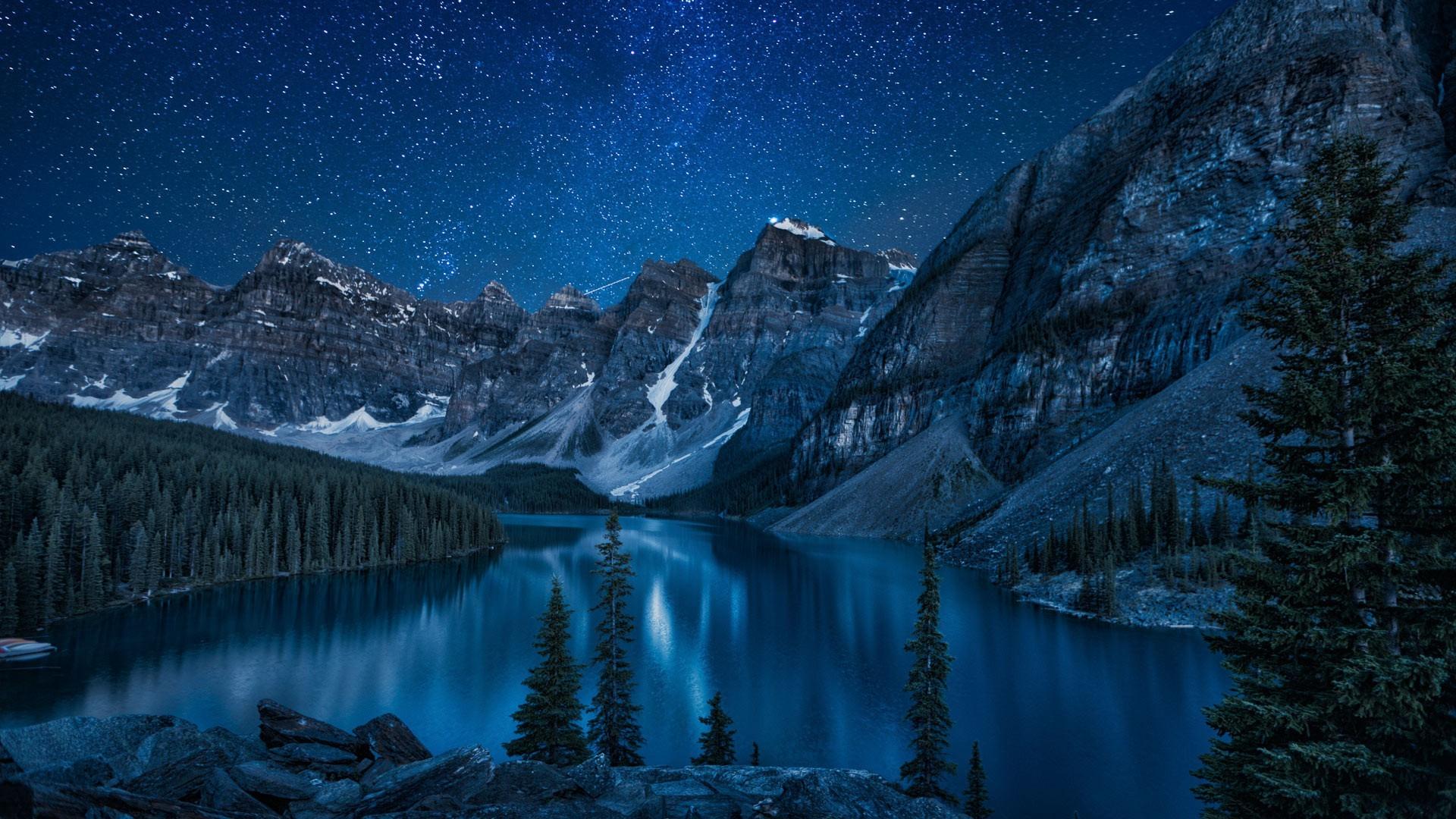 Canada, Nature, Lake, Mountain, Trees, Forest, Stars