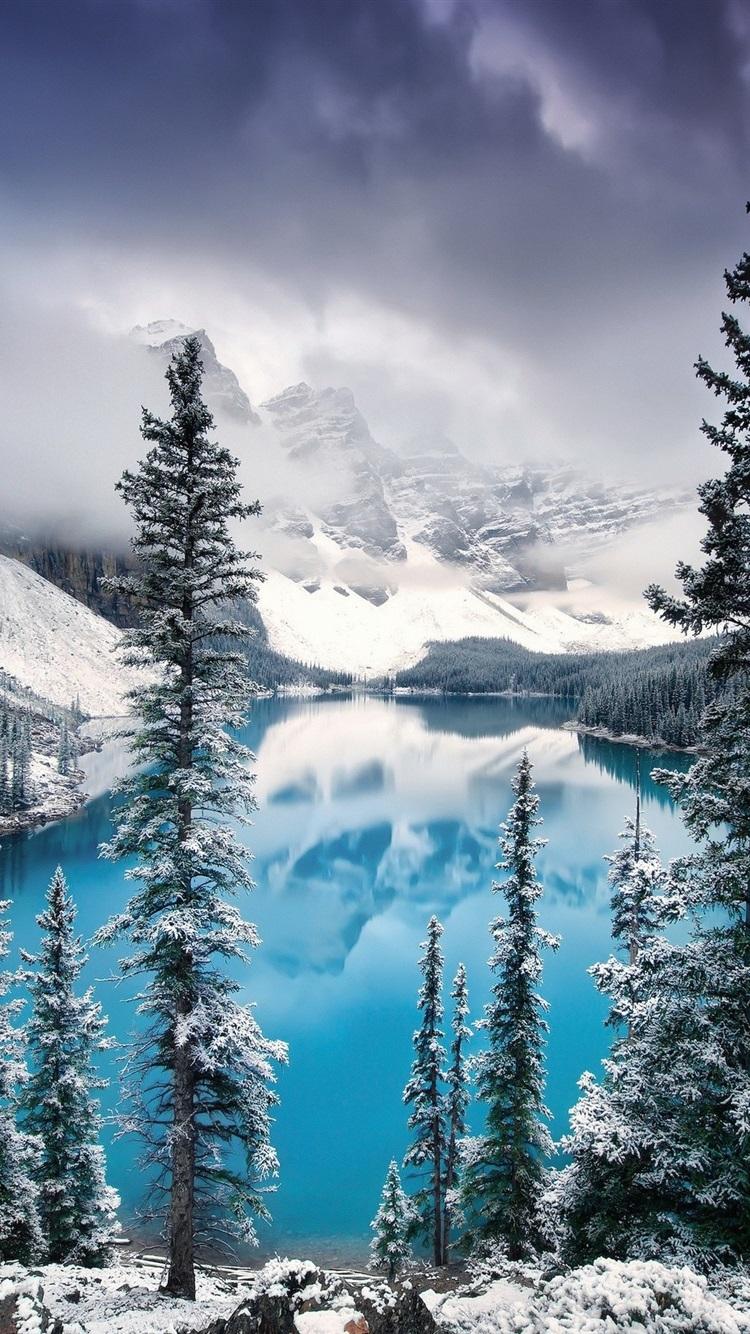 Canada, Banff National Park, Lake, Trees, Mountains, Snow, Winter 750x1334 IPhone 8 7 6 6S Wallpaper, Background, Picture, Image