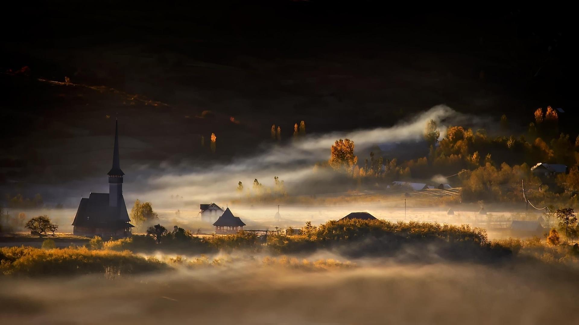Download Wallpaper Misty autumn night, Maramures, Romania