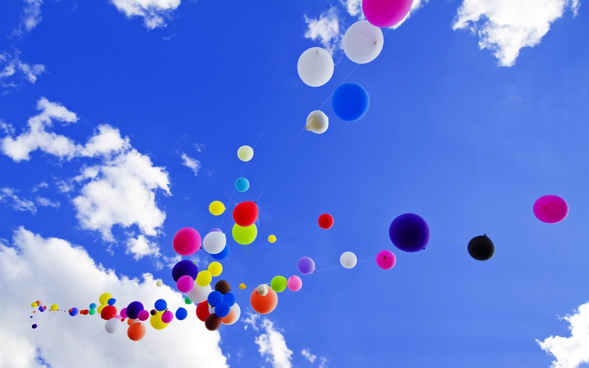 Colorful, Balloons, On, Blue, Sky, Clouds, High, Definition