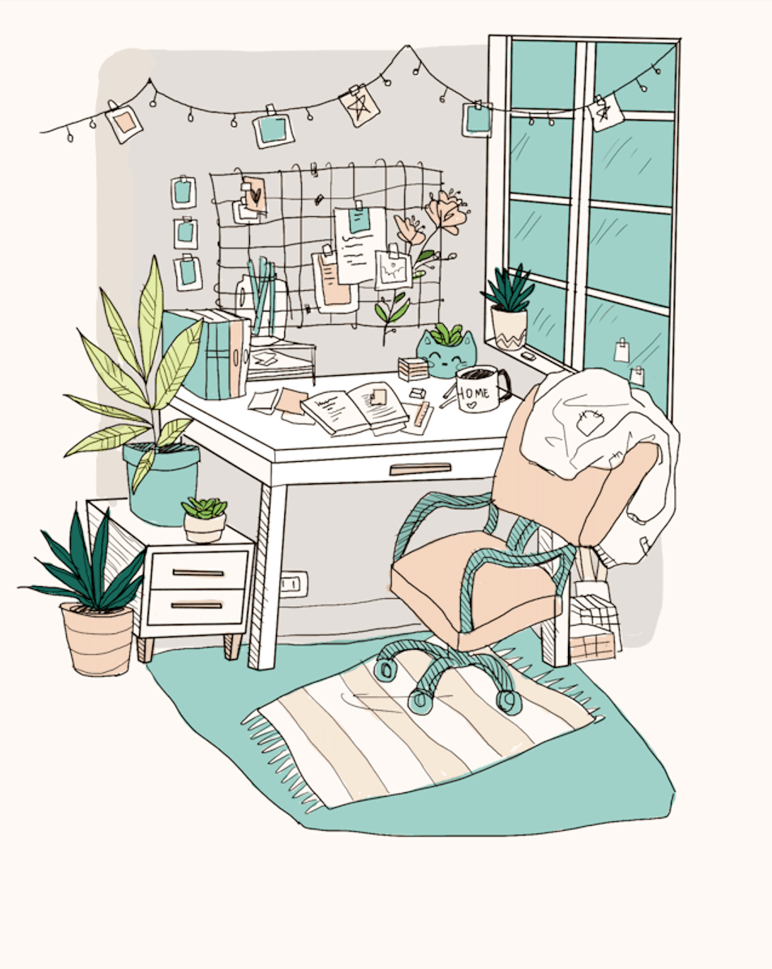 Cozy study space. room decor. illustration. drawing