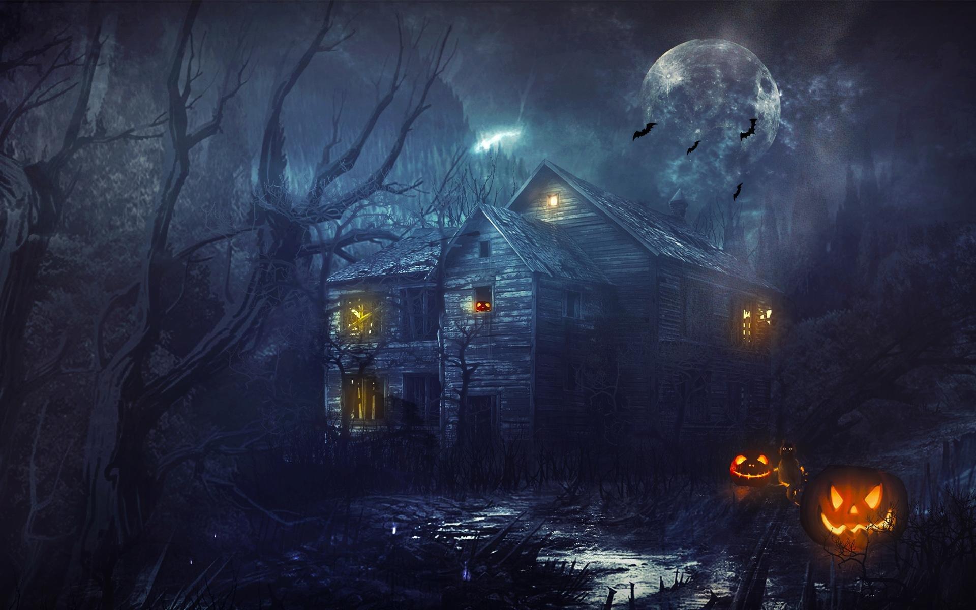 Halloween dark house moon tree forest wallpaperx1200