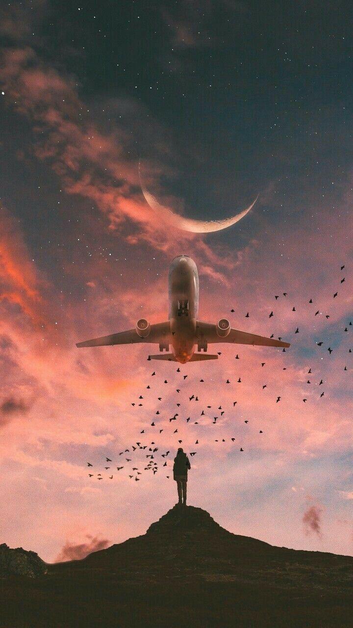 Plane flying in the sunset. photo. Aesthetic