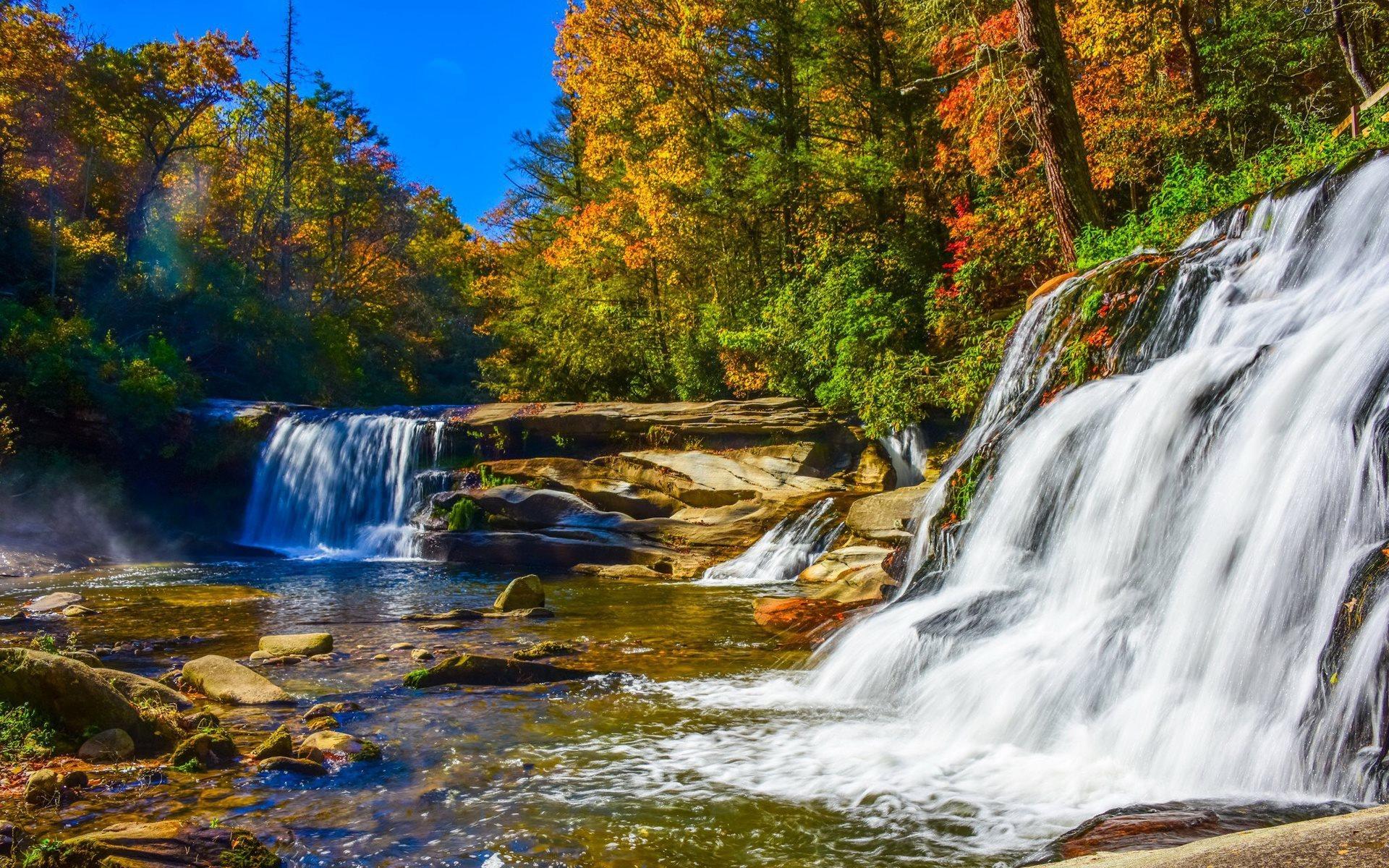 Download wallpaper autumn, river, cascades, waterfalls
