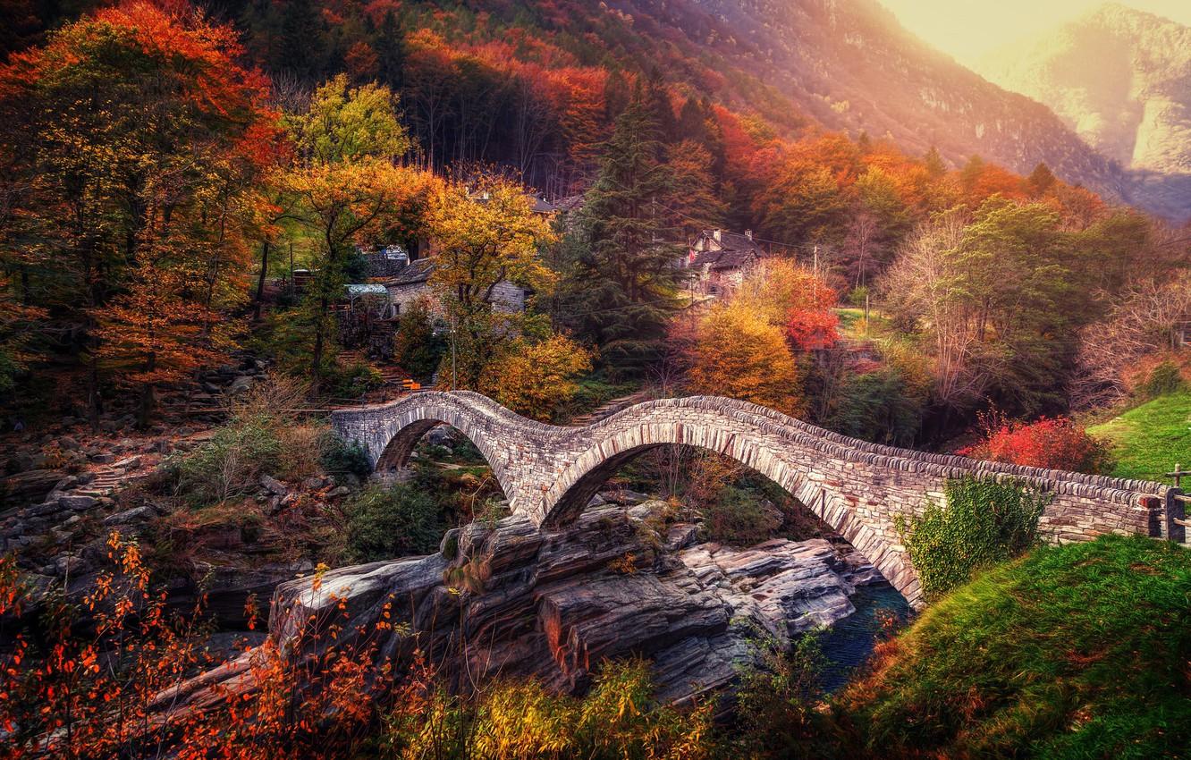 Wallpaper autumn, trees, bridge, Switzerland, Alps, Switzerland