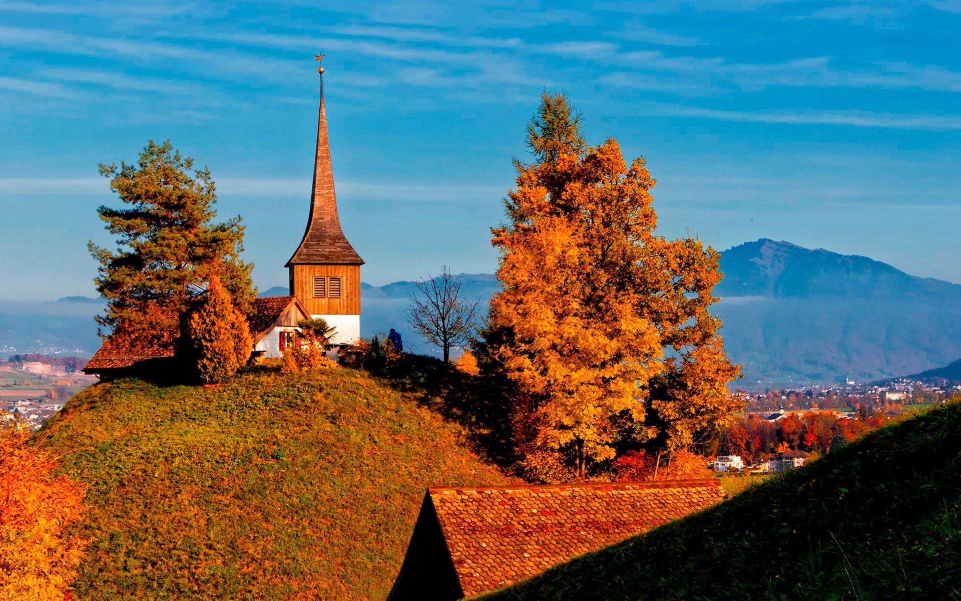 Wallpaper Switzerland, trees, valley, church, autumn