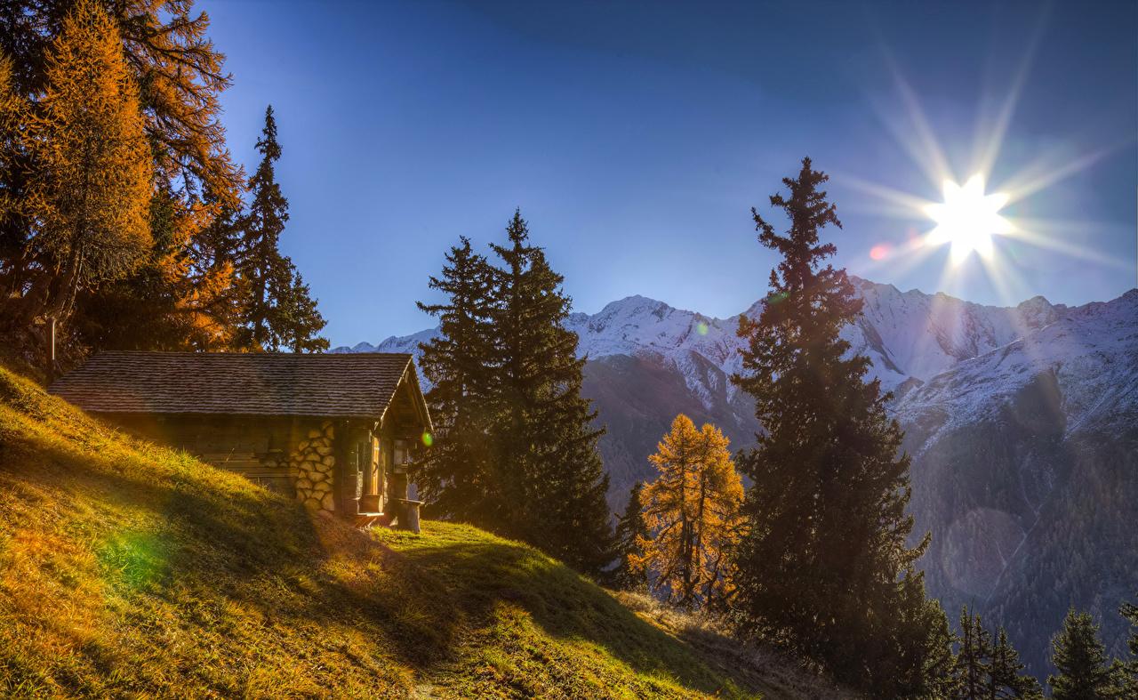 Photo Alps Switzerland Sun Spruce Autumn Nature Mountains Houses