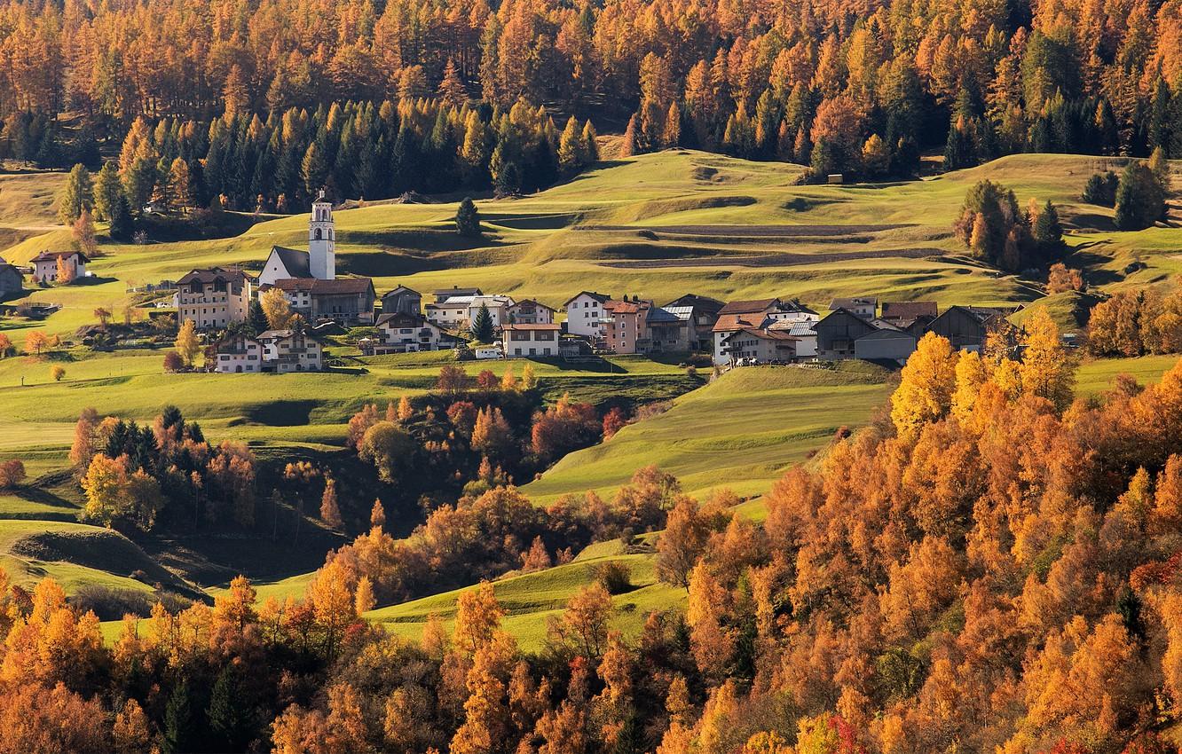 Wallpaper autumn, trees, Switzerland, valley, town