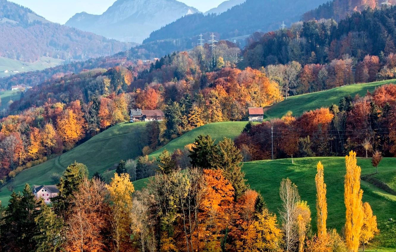 Wallpaper autumn, trees, mountains, home, Switzerland, slope