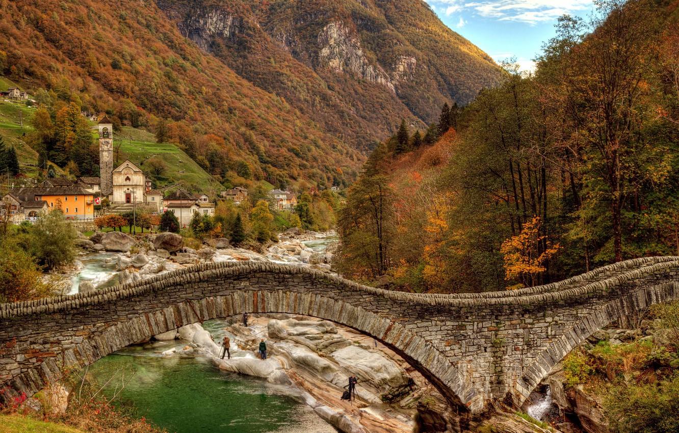Wallpaper autumn, mountains, bridge, river, Switzerland
