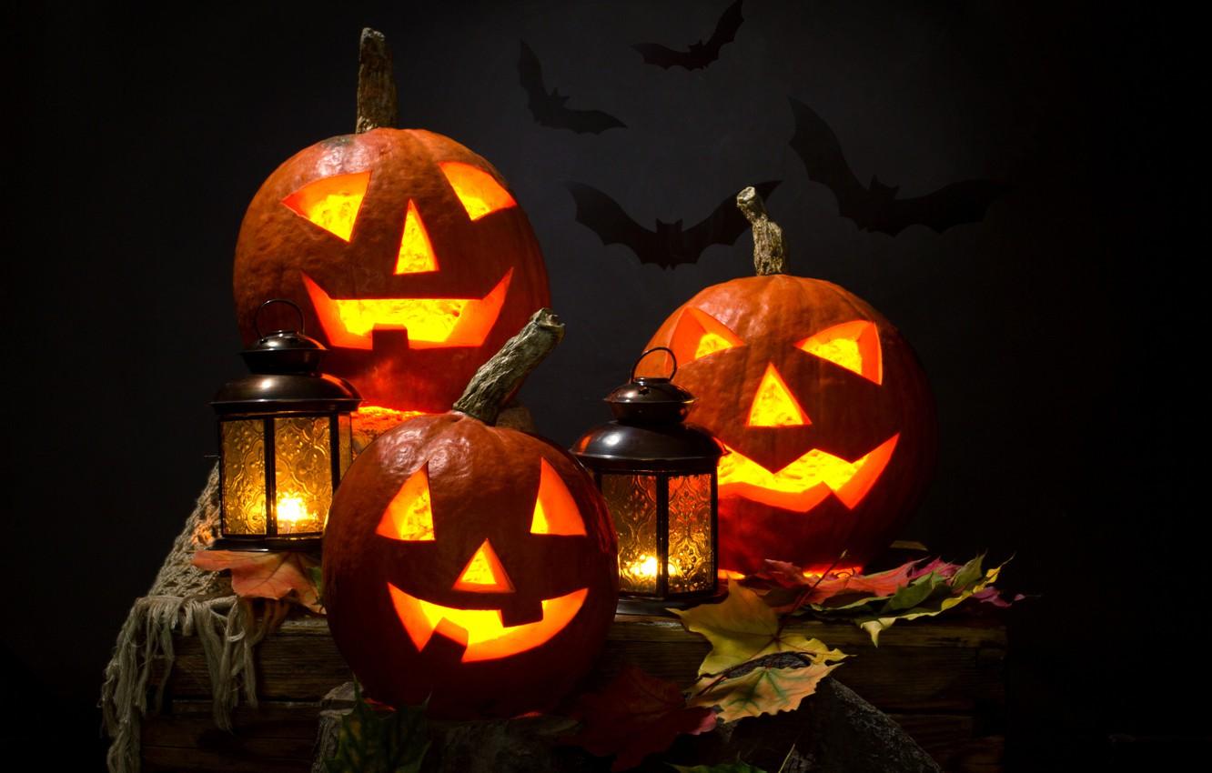 Wallpaper autumn, leaves, night, candles, lantern, Halloween, pumpkin, Halloween, bats, smile, face, holiday, pumpkin image for desktop, section праздники