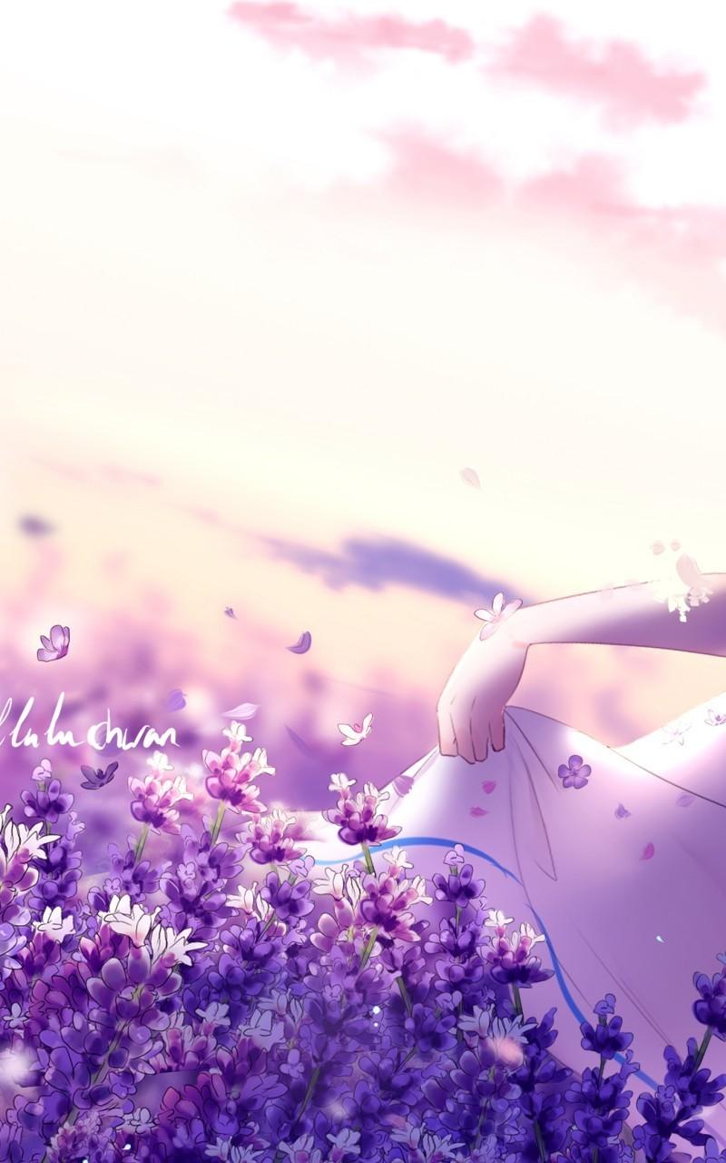 Download 800x1280 Anime Girl, Lavender Garden, Happy Face