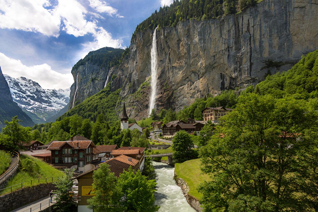 Photo Switzerland Lauterbrunnen Cliff Waterfalls Rivers Cities