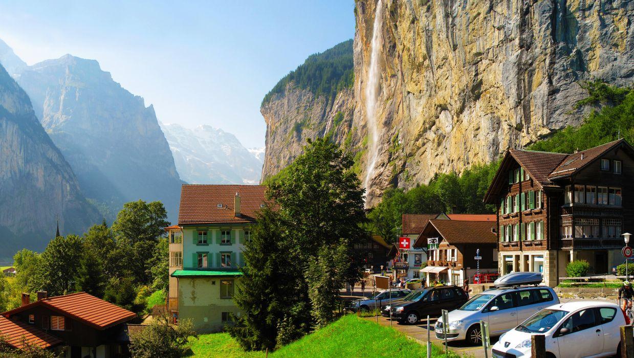 Switzerland Houses Mountains Lauterbrunnen Cities wallpaper