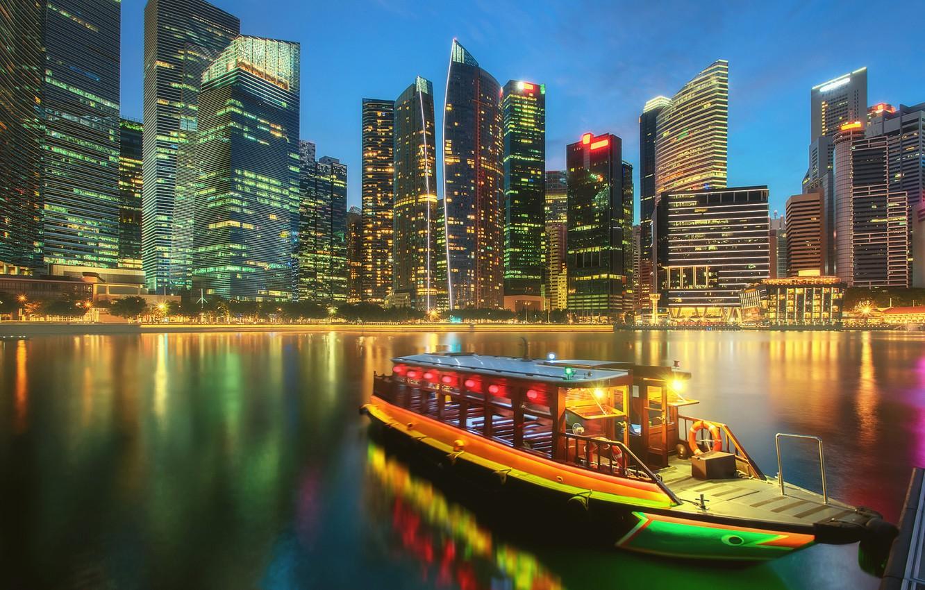 Wallpaper boat, building, home, Bay, Singapore, night city