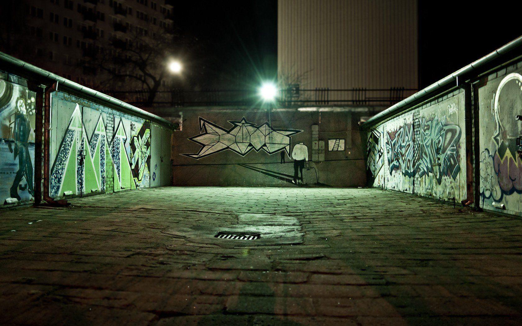 Light green cityscapes night graffiti urban Poland garages