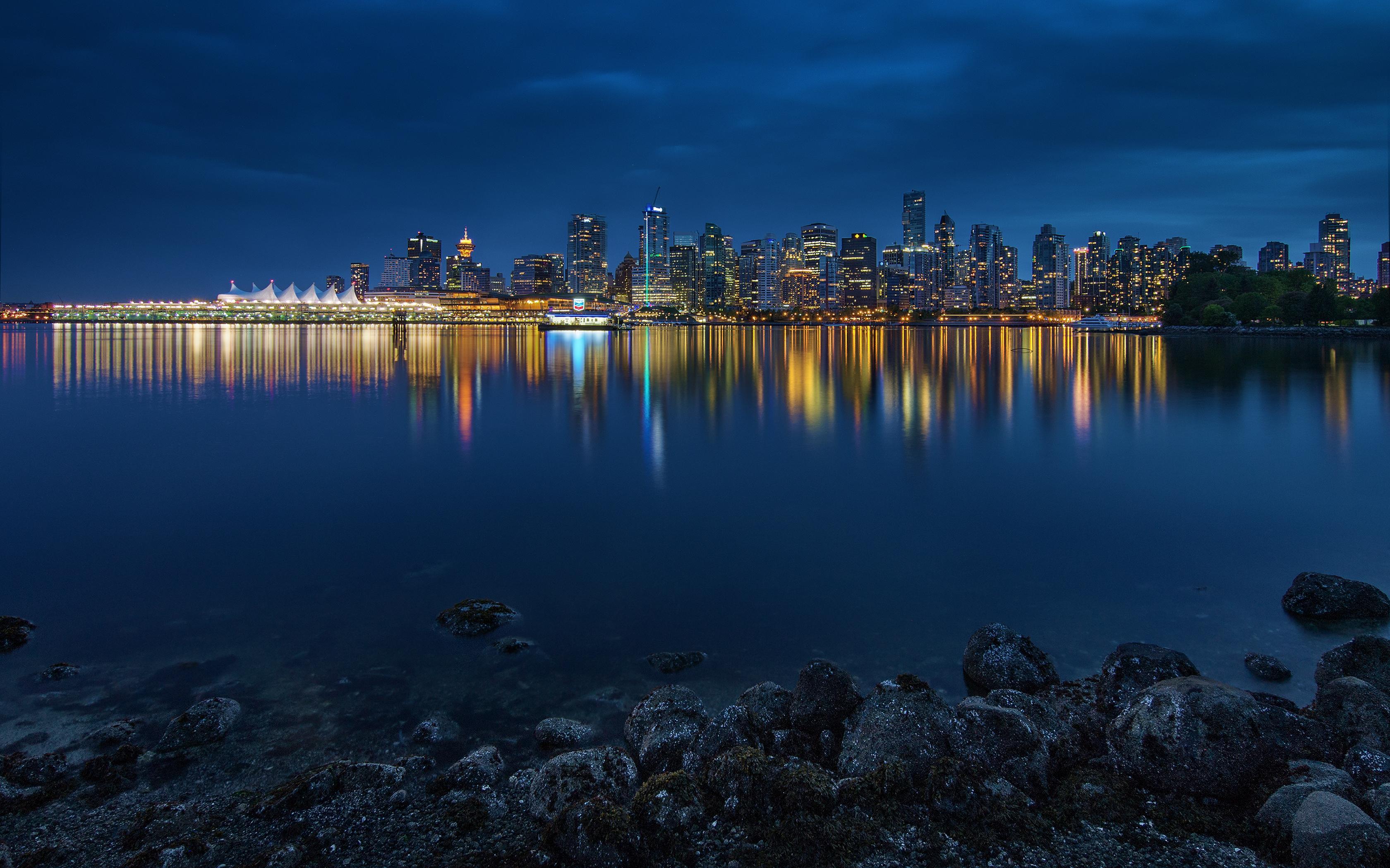Image Vancouver Canada Stanley Park Bay Night Coast Cities