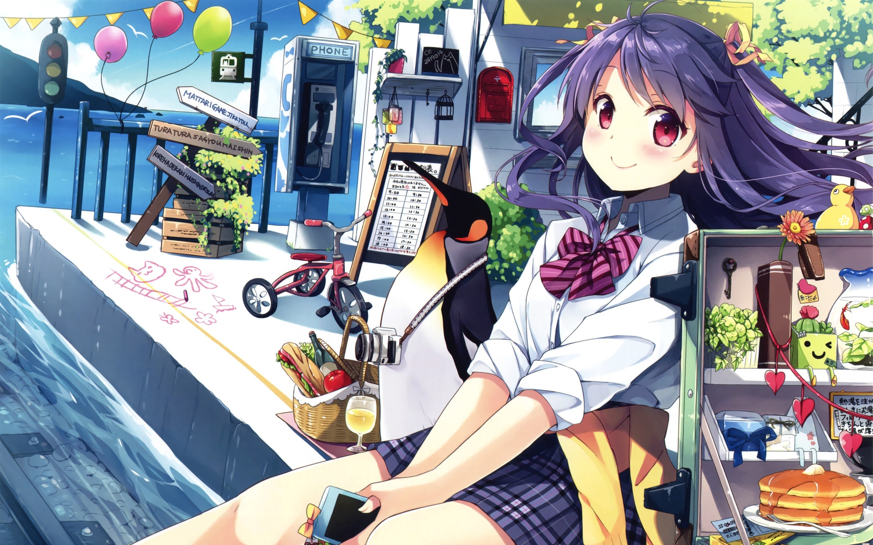 Wallpaper Happy anime girls, schoolgirl, sea 2880x1800 HD