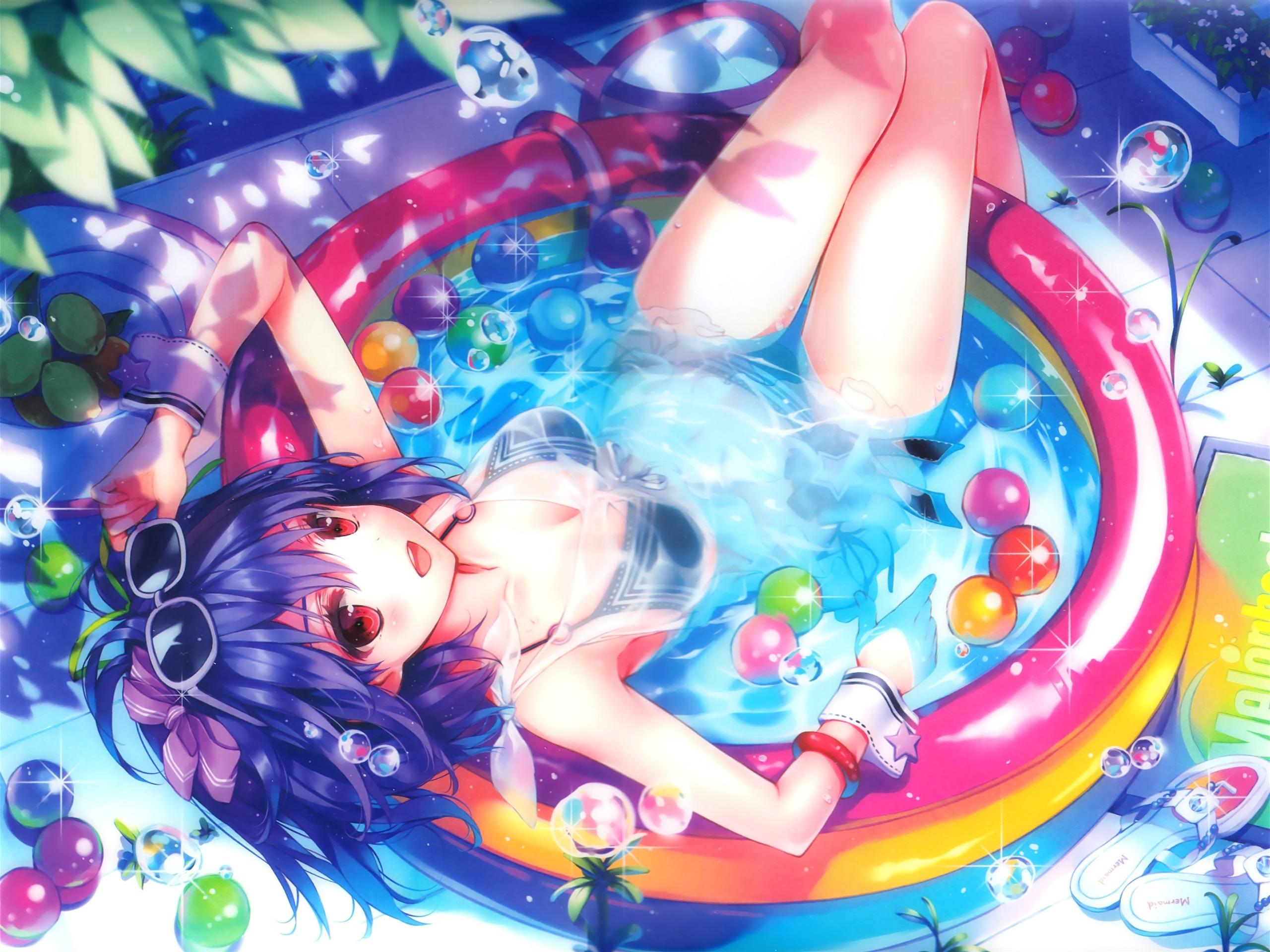 Wallpaper Happy anime girl, water, pool, bubbles, sunglasses