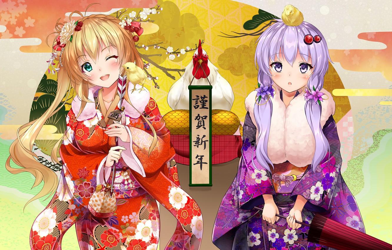 Wallpaper kawaii, girl, new year, Vocaloid, bird, umbrella