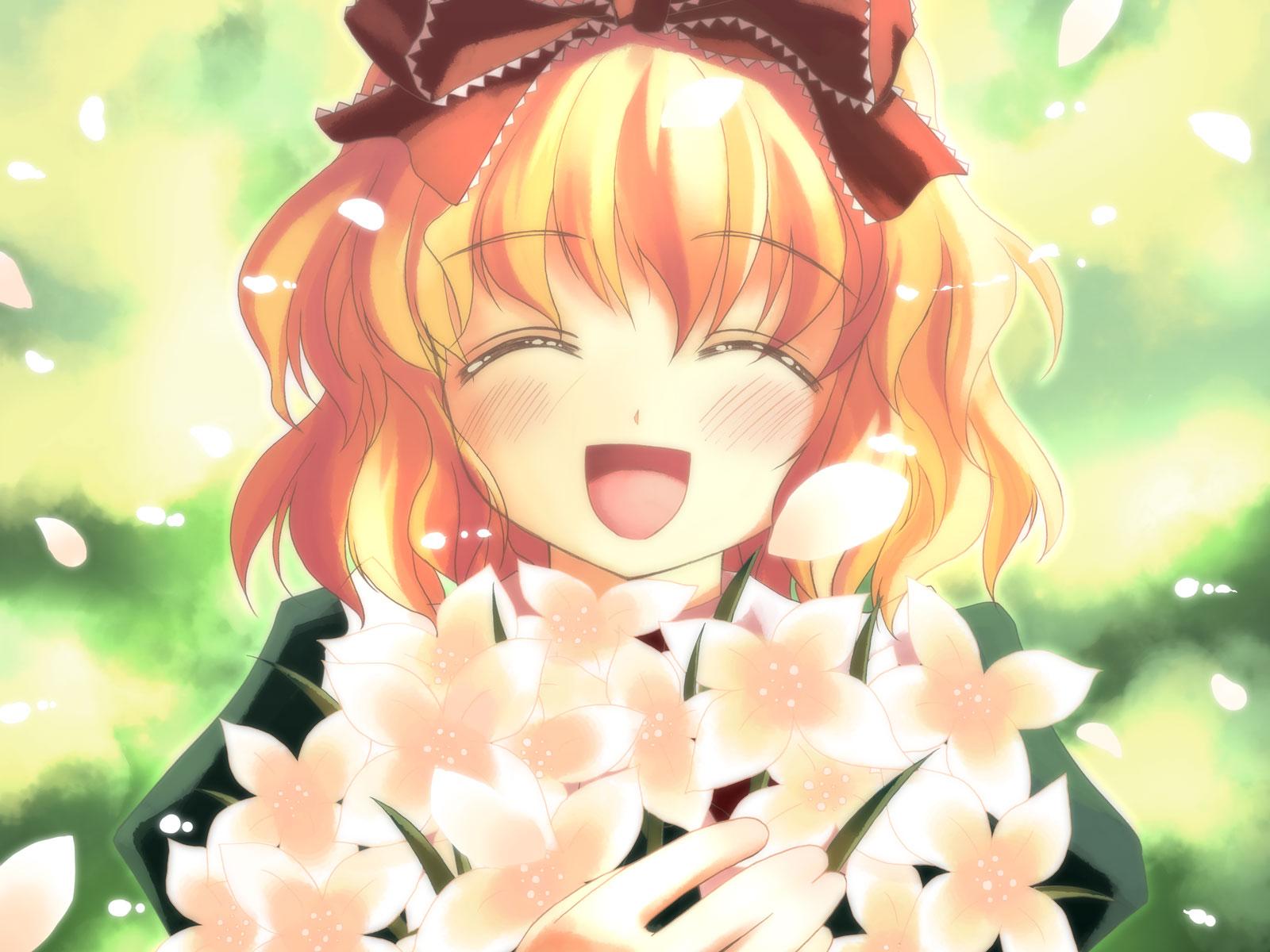 blondes, Touhou, flowers, happy, anime, flower petals