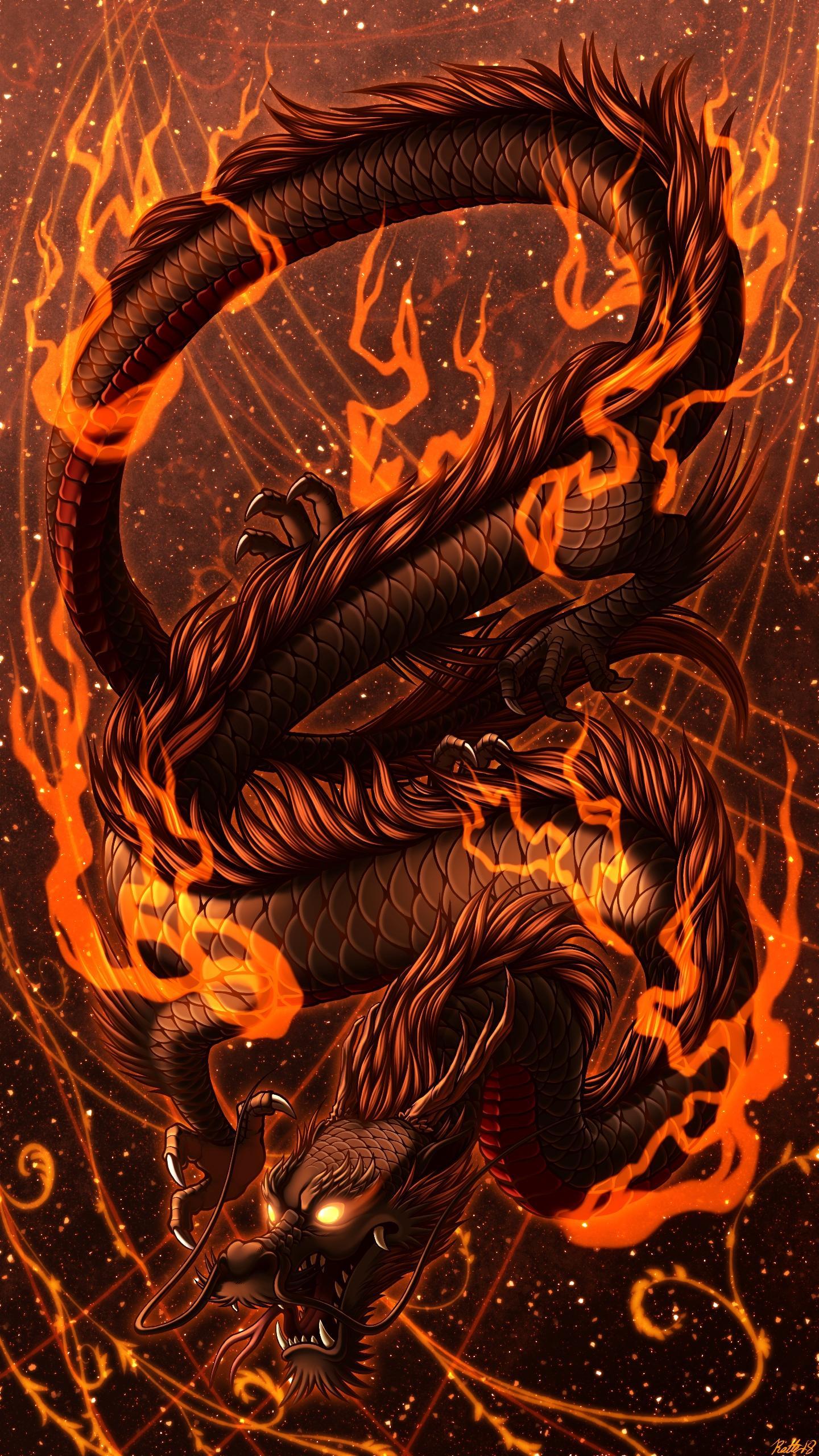Download wallpaper 1440x2560 dragon, fire, art, flame, snake