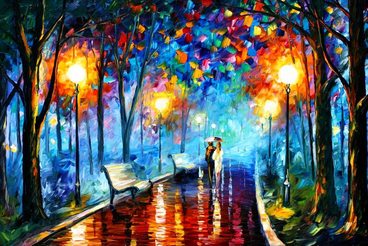 A rich, vivid walk in the park at night. Painting