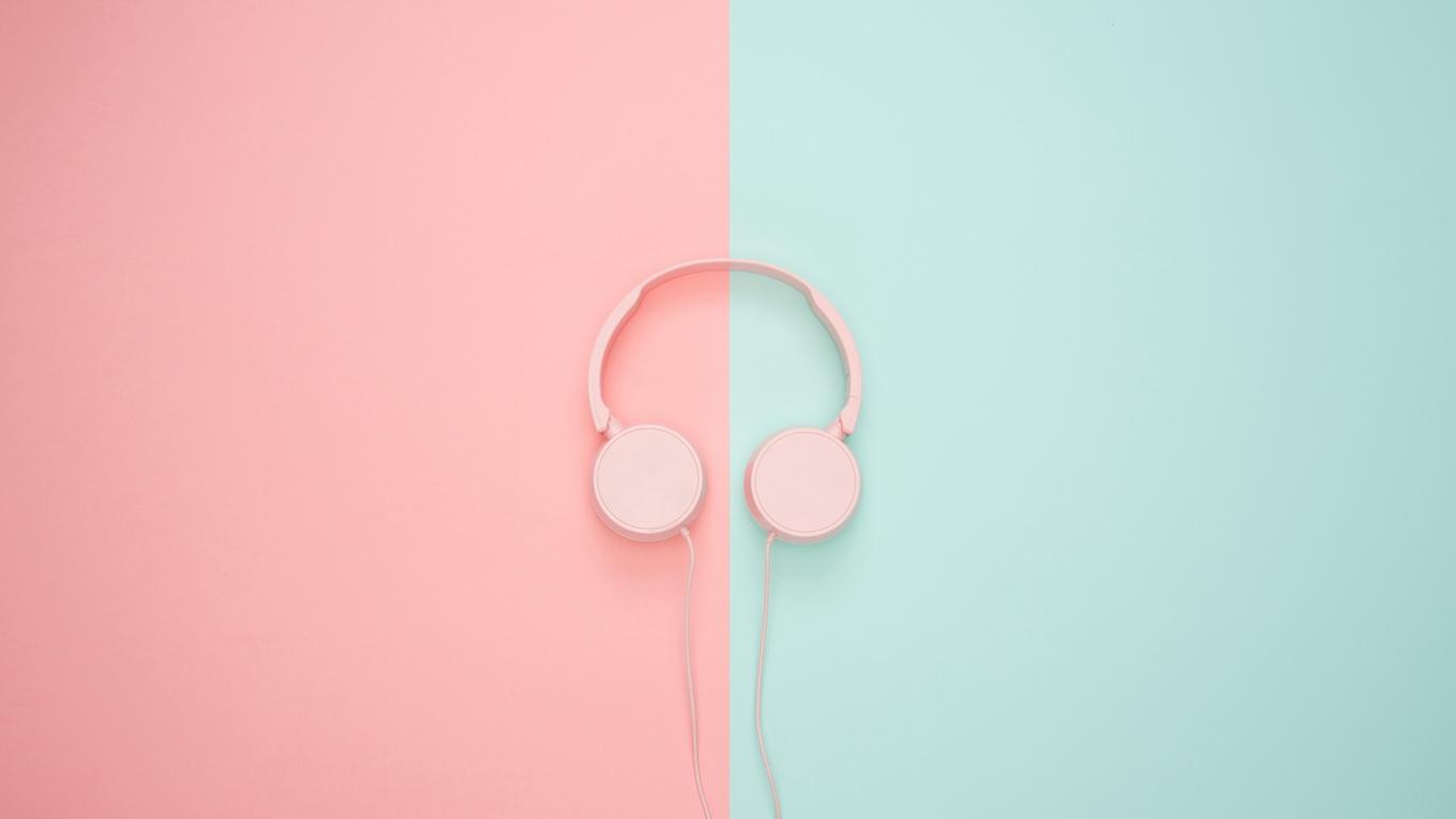 Download wallpaper 1366x768 headphones, minimalism, pink, pastel