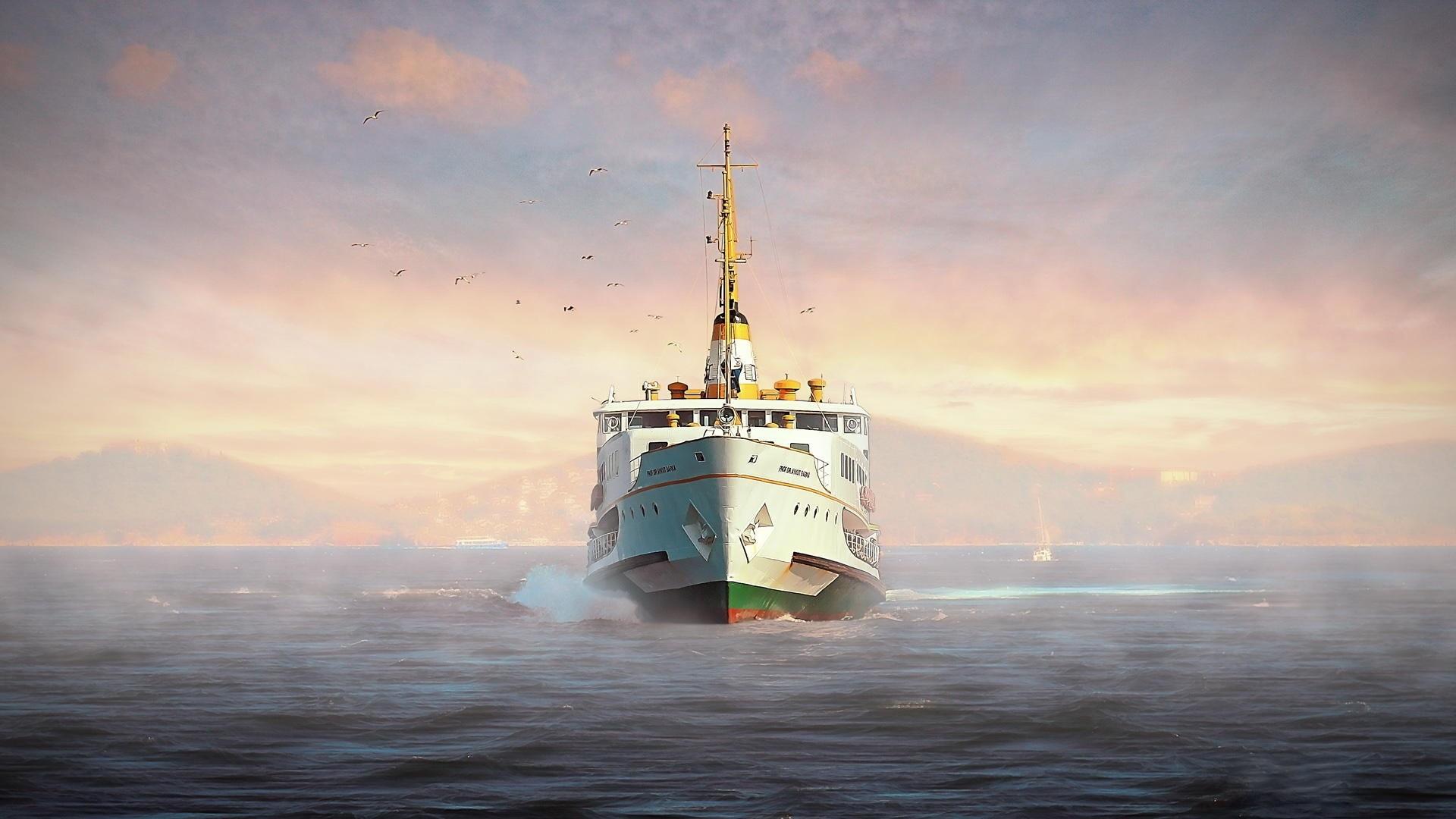Sea ship vessel gulls fog morning wallpaper