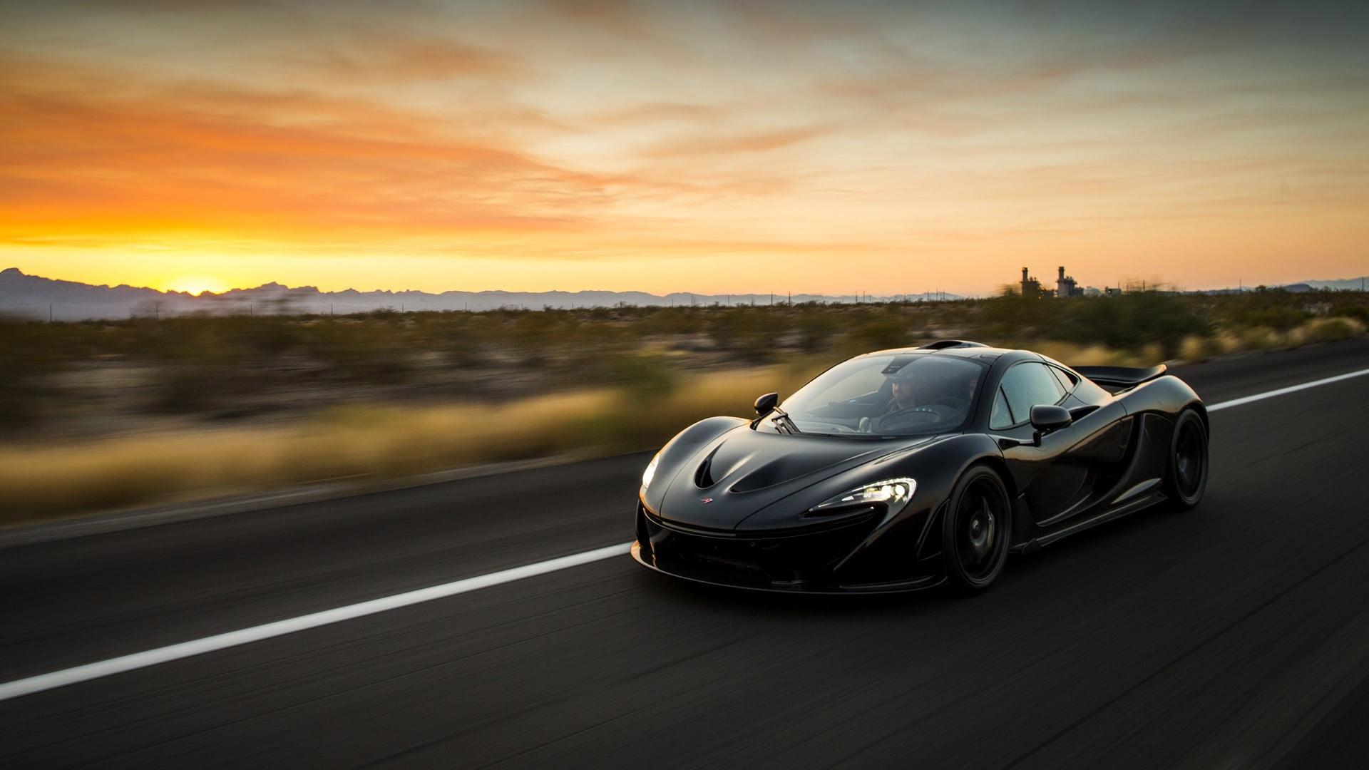 Black sports coupe, McLaren P1, car, motion blur, road HD
