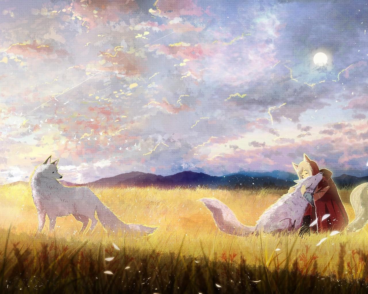 Download 1280x1024 Anime Wolf Girl, White Wolves, Field
