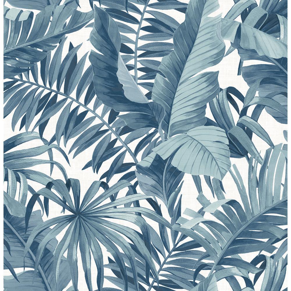 A Street Alfresco Navy Palm Leaf Wallpaper Sample, Blue