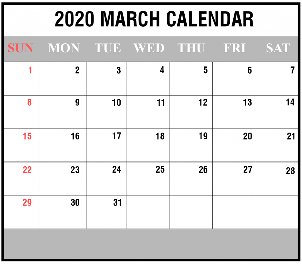 Free 2020 March Calendar Printable Editable Blank