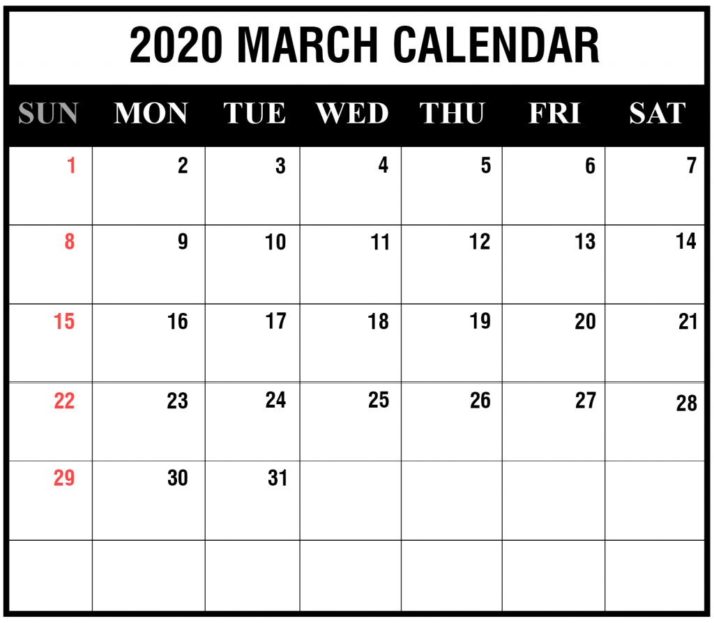 Free 2020 March Calendar Printable Editable Blank