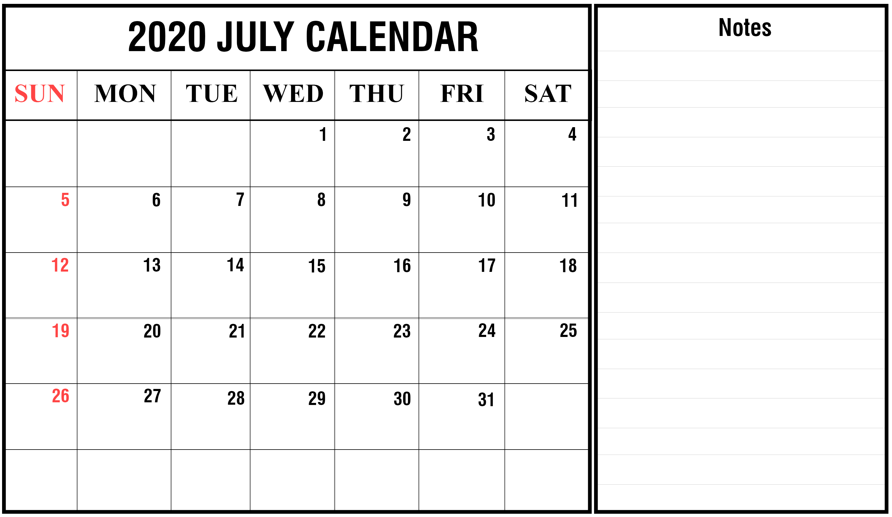 Awesome July 2020 Calendar PDF, Word, Excel