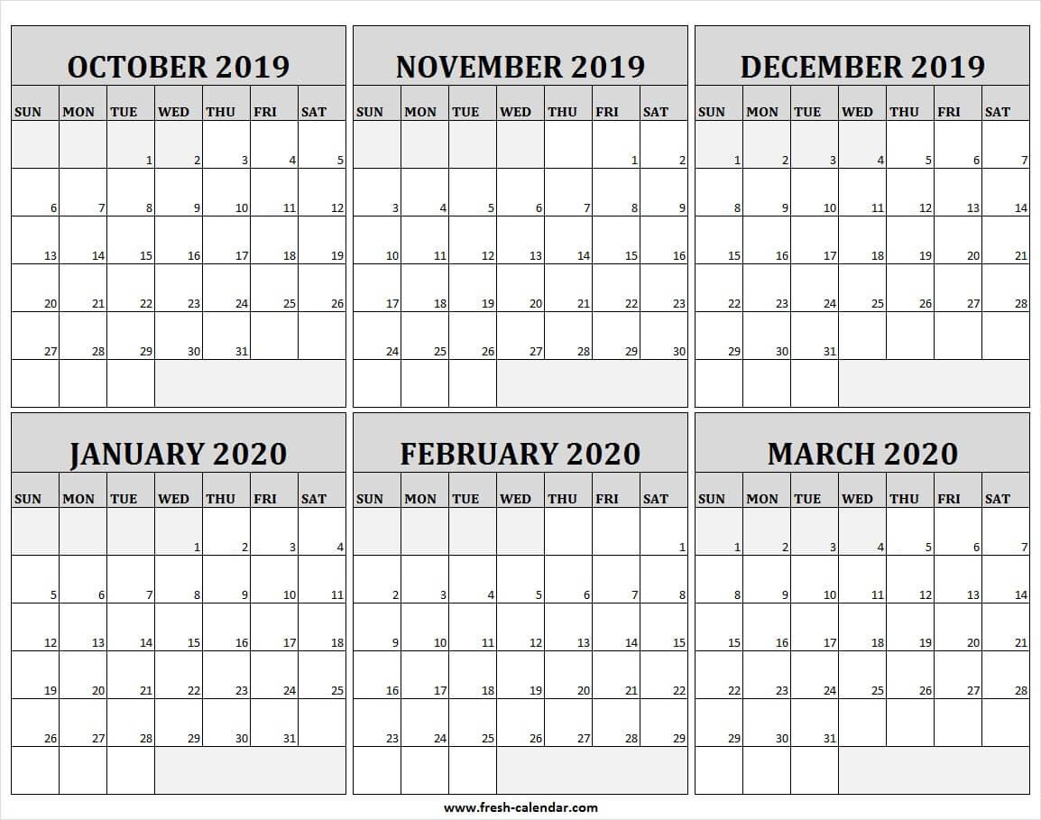 October 2019 to March 2020 Printable Calendar Format