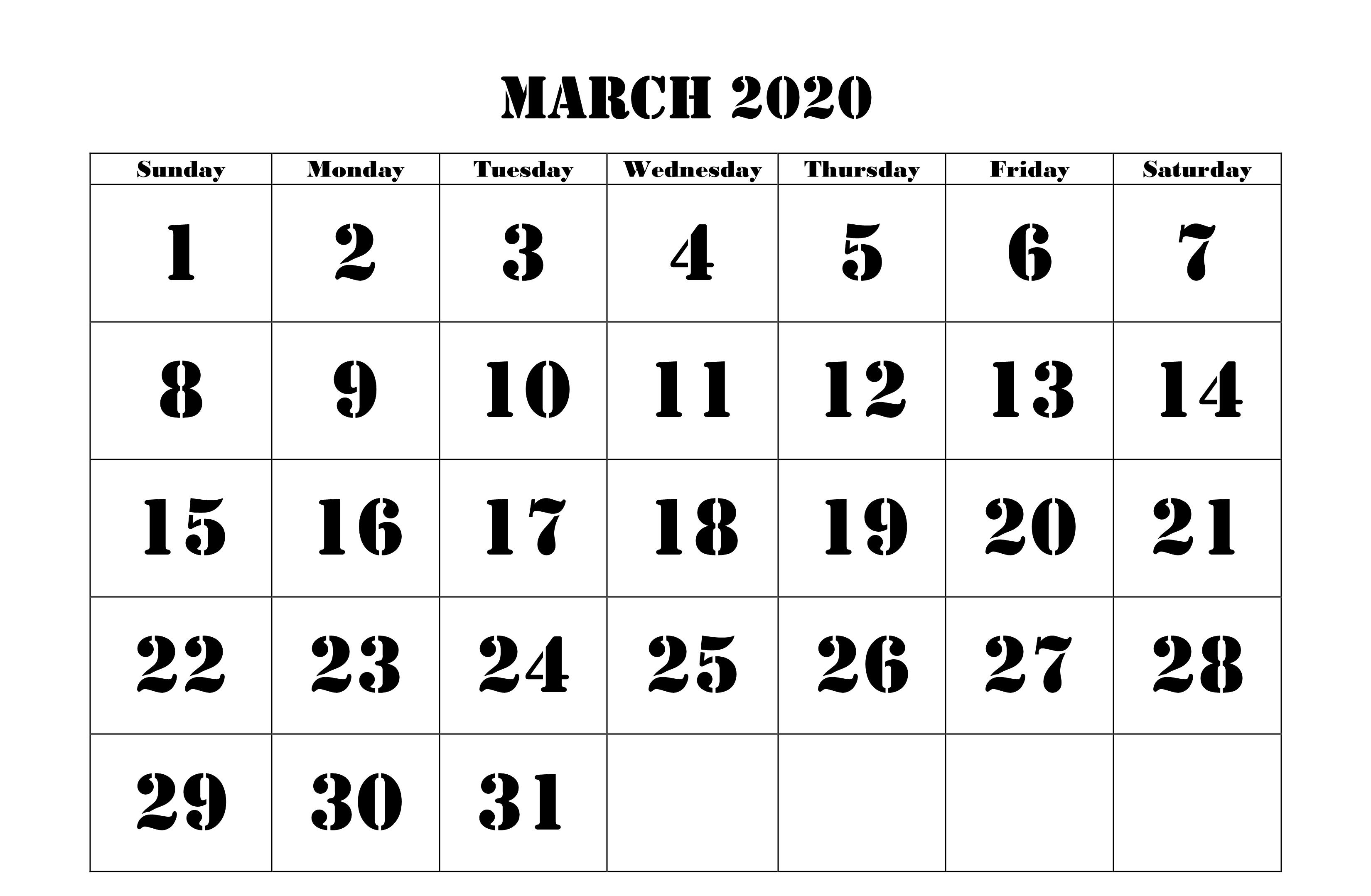 Blank Printable March 2020 Calendar Word Document